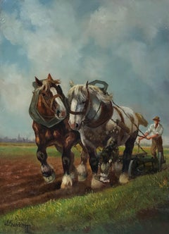 Signiertes europäisches Ölgemälde „The Plough Team“ mit Trockenpferden in Landschaft