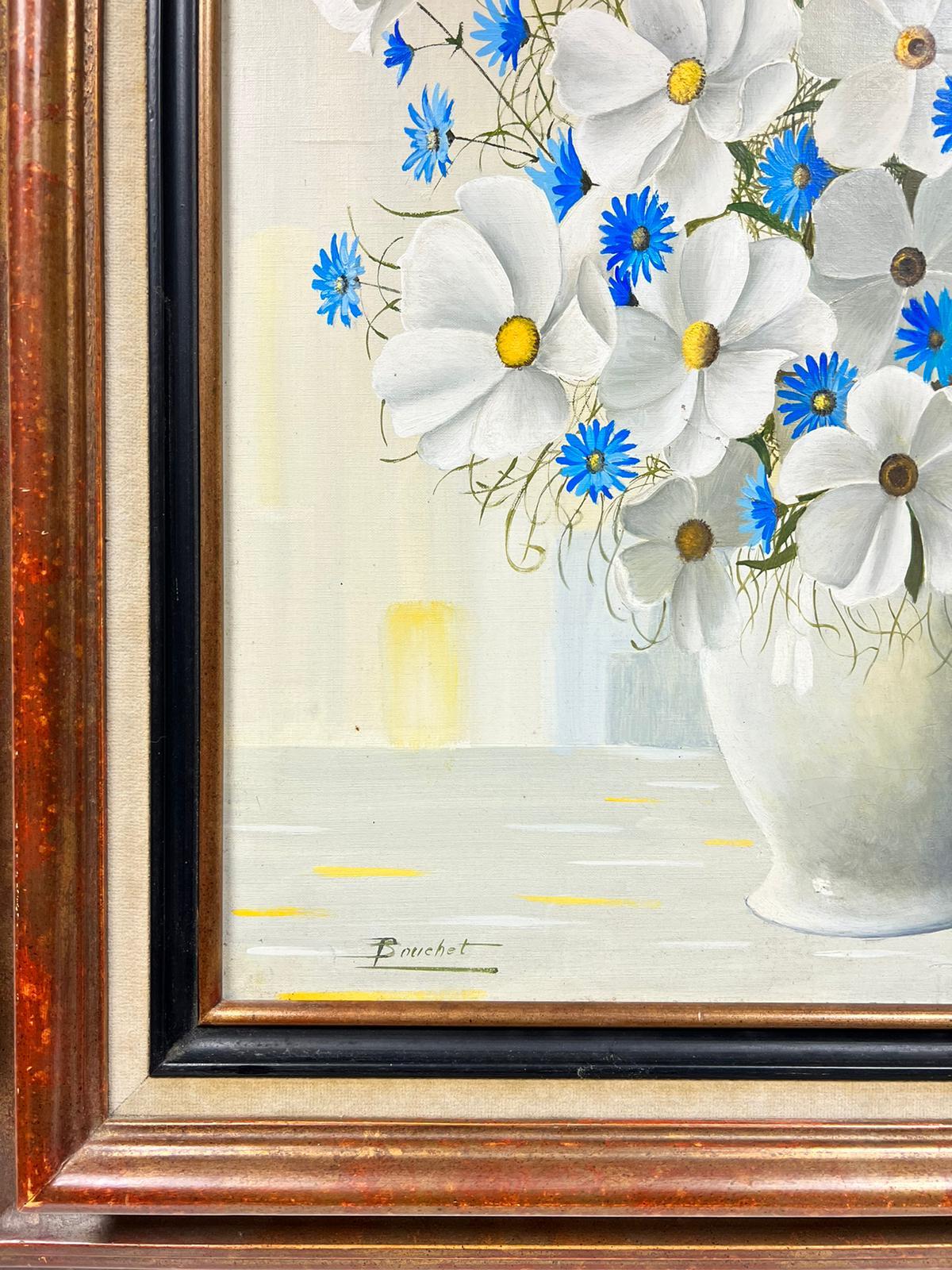 French School, late 20th century, indistinctly signed
Blue & White flowers in a vase
oil on canvas, framed 
framed: 35 x 31 inches
canvas: 26 x 21  inches
provenance: private collection, France
The painting is in overall very good and sound