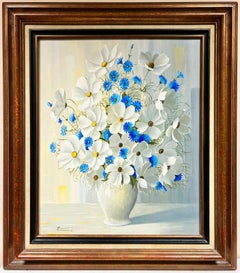 Very Large French Realist Signed Painting Blue & White Flowers Still Life