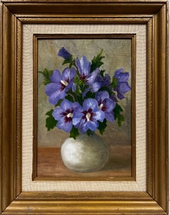 Vintage French Oil Purple Flowers in a Vase Grey Background, gilt frame