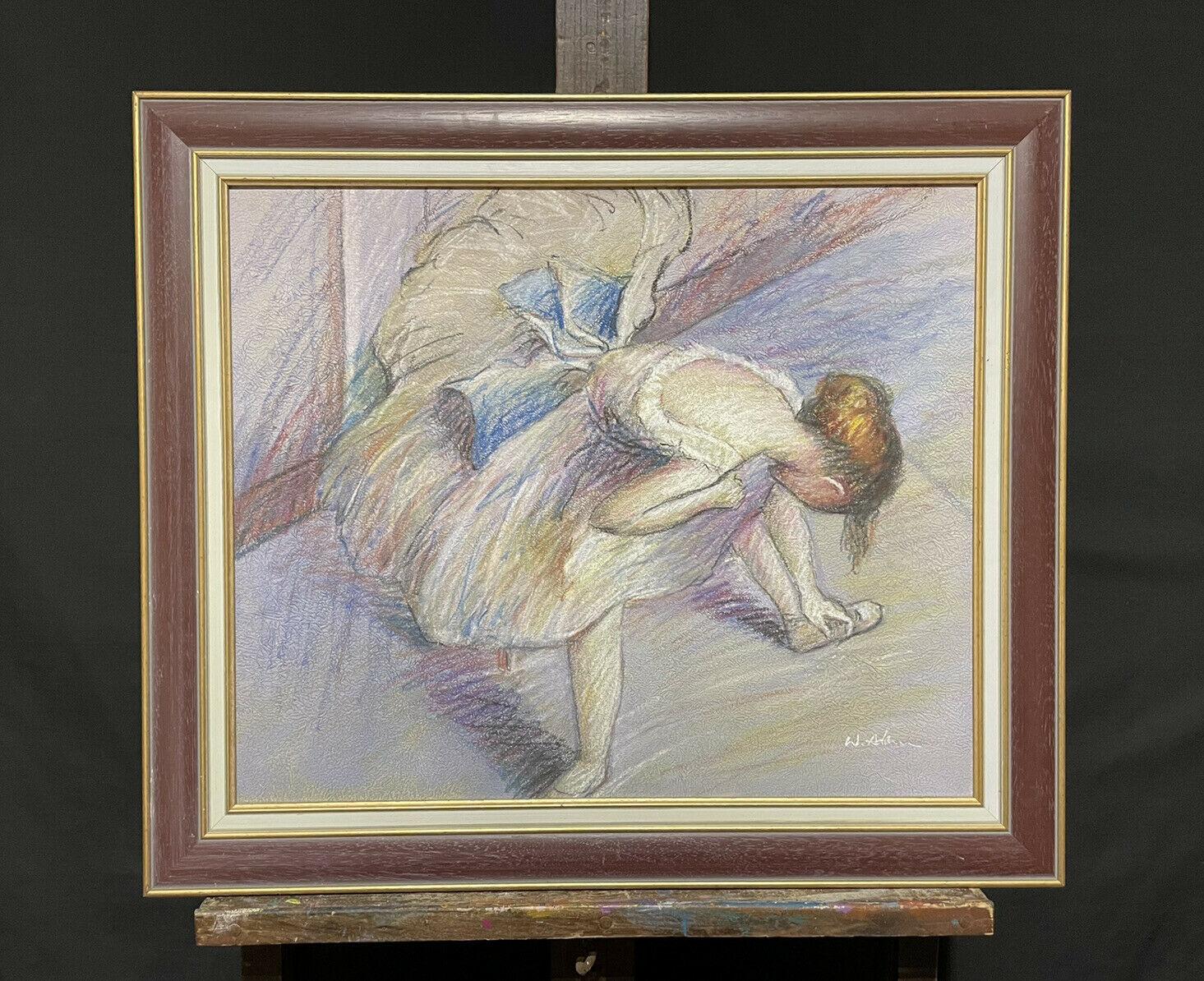 VINTAGE FRENCH SIGNED PASTEL - BALLERINA GIRL TYING SHOE LACES - FRAMED - Painting by Unknown