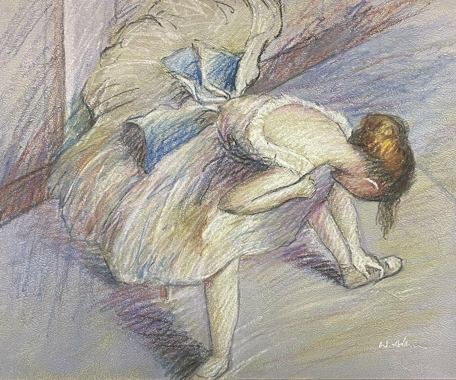 Unknown Figurative Painting - VINTAGE FRENCH SIGNED PASTEL - BALLERINA GIRL TYING SHOE LACES - FRAMED