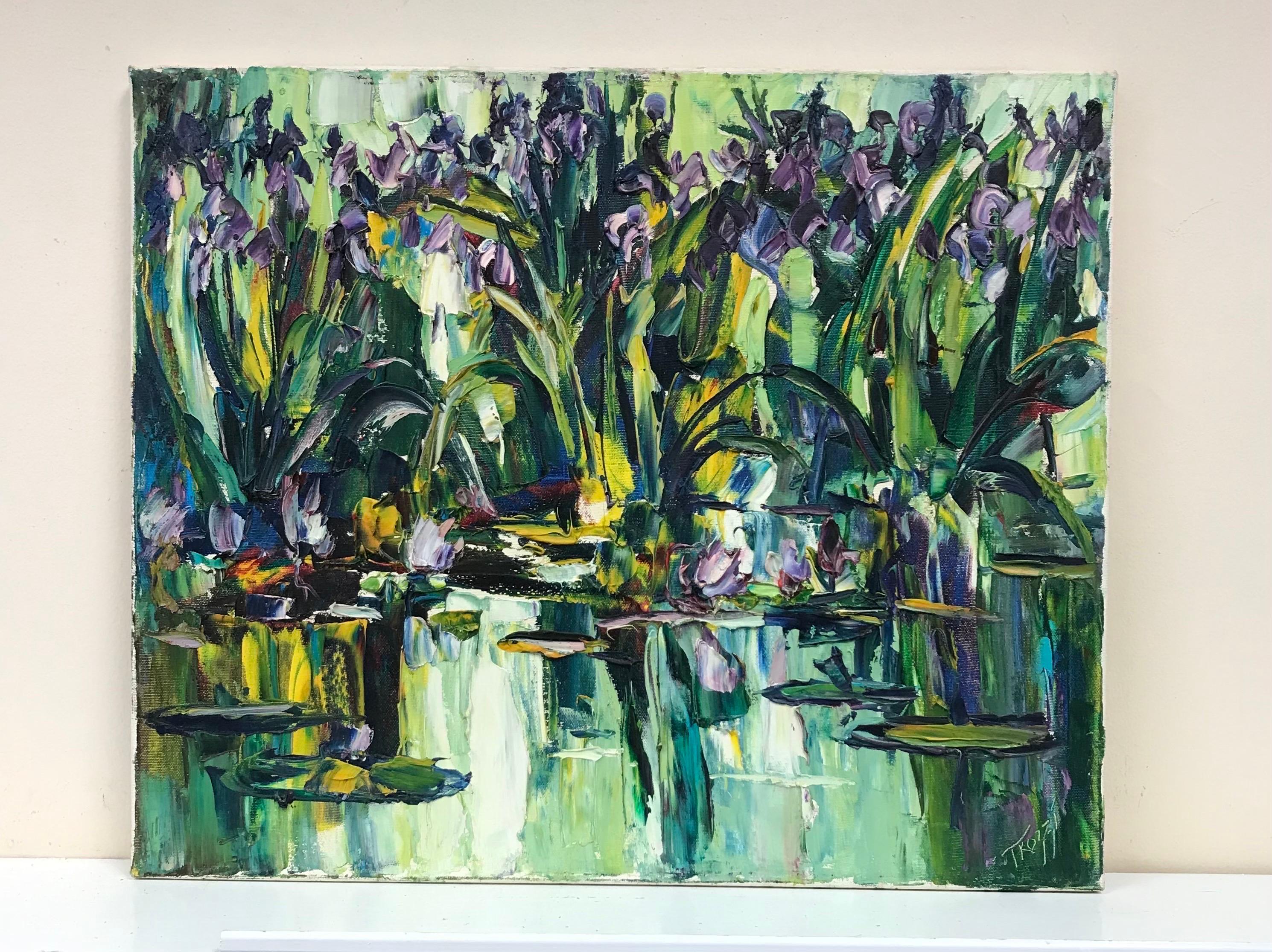 Nenúfares en el estanque, Pintura al óleo firmada en francés Impasto grueso - Painting de 20th Century French School