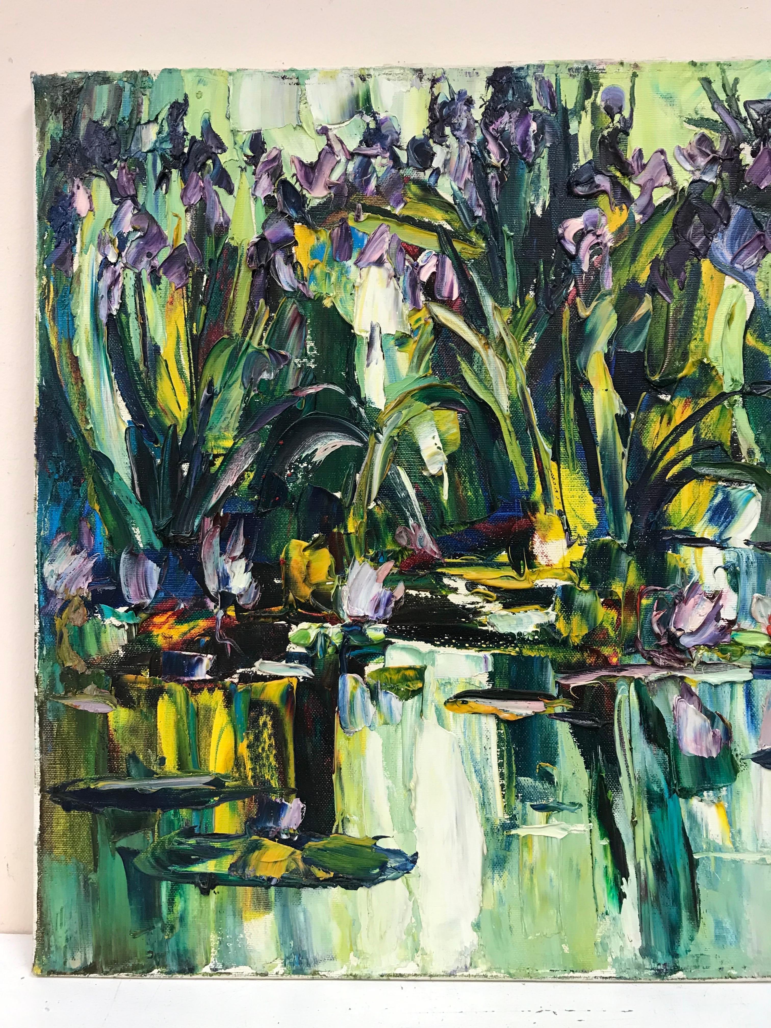 Water lilies in Pond, Thick Impasto French Signed Oil Painting - Black Still-Life Painting by 20th Century French School