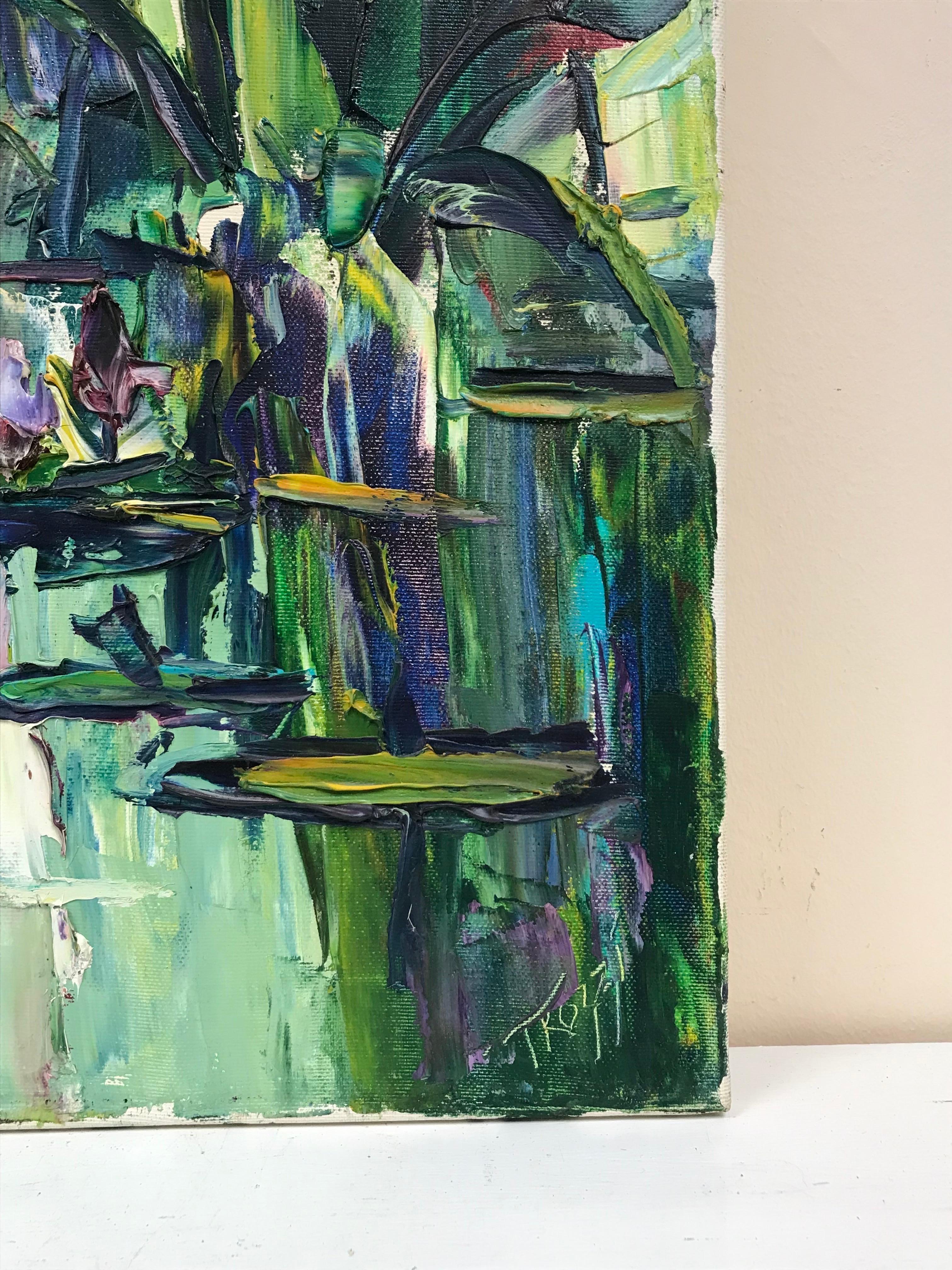 Nenúfares en el estanque, Pintura al óleo firmada en francés Impasto grueso en venta 1