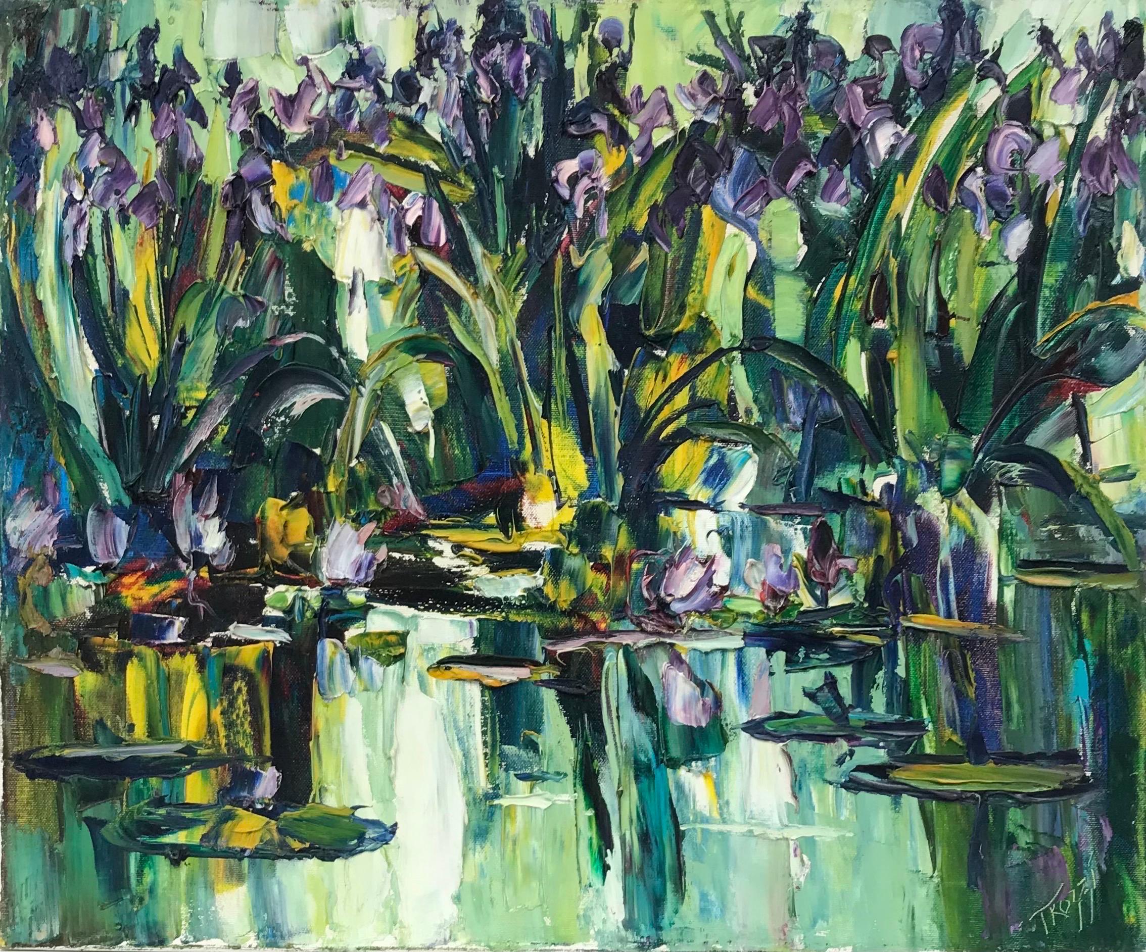 Water lilies in Pond, Thick Impasto French Signed Oil Painting