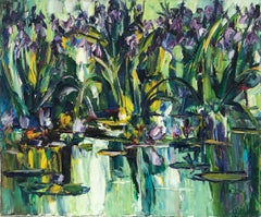 Retro Water lilies in Pond, Thick Impasto French Signed Oil Painting