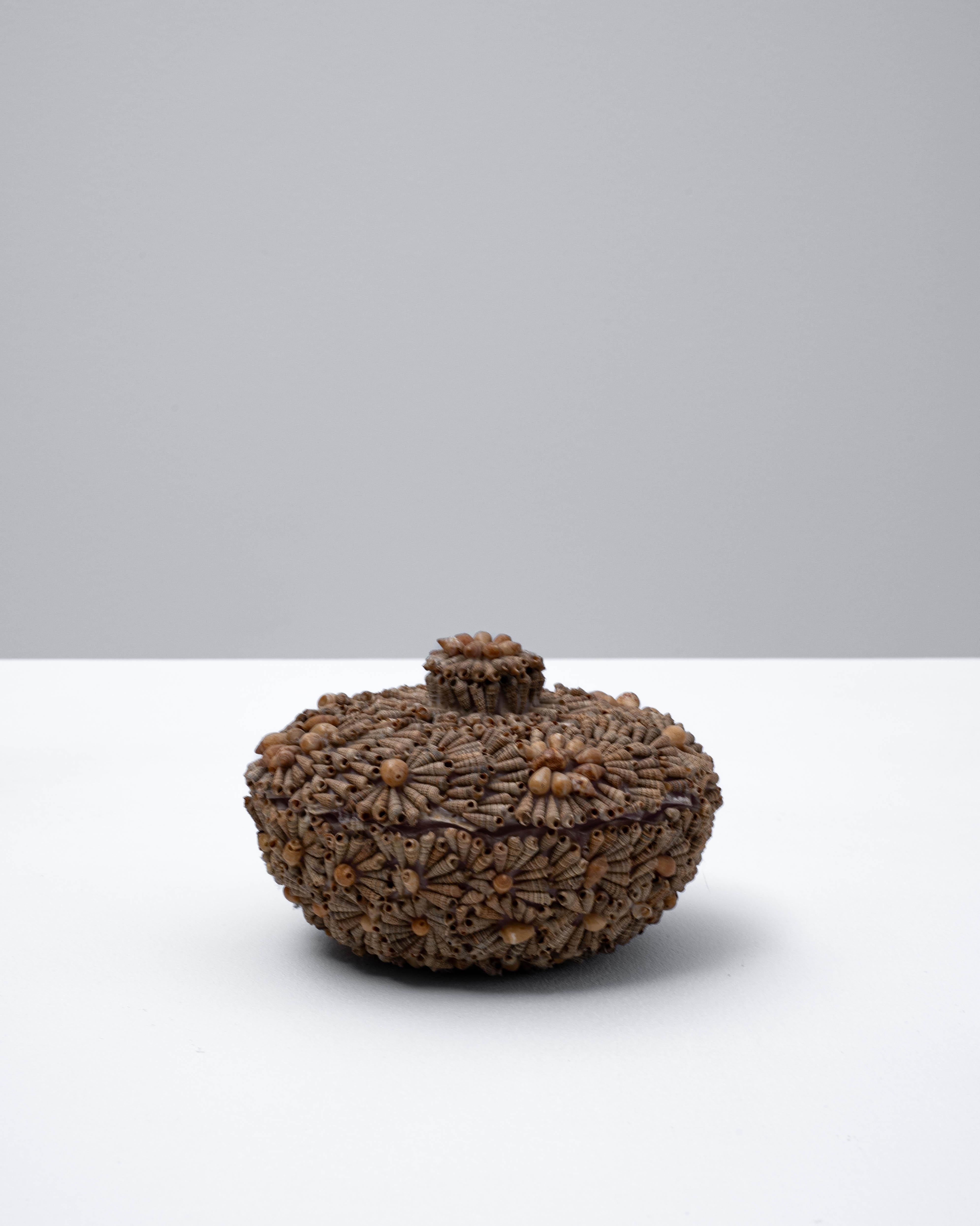 20th century French seashell encrusted pot, a charming example of coastal folk artistry. The exterior is meticulously adorned with a variety of small natural shells arranged in intricate floral and geometric patterns, creating rich texture and