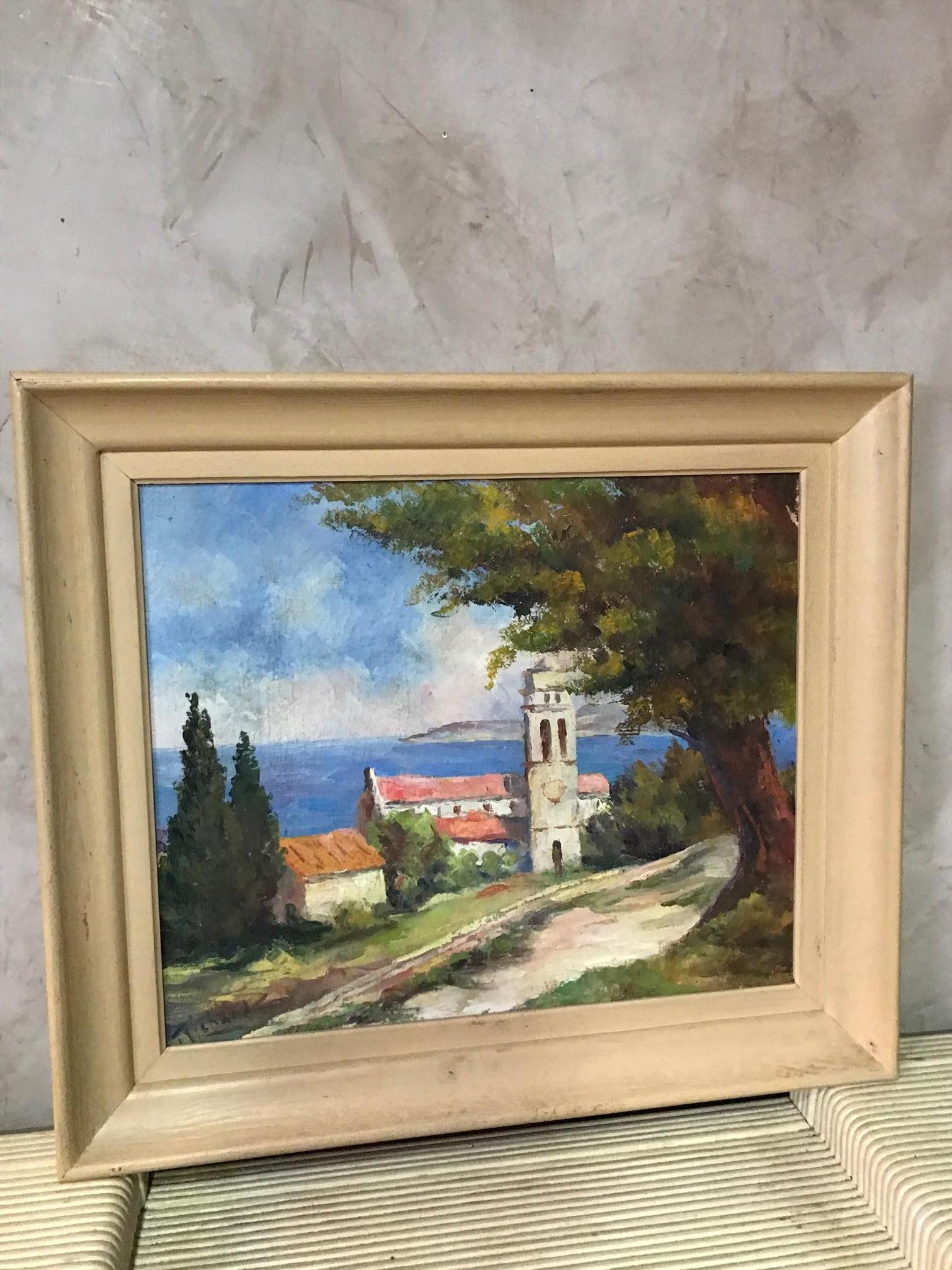 Very nice 20th century French seaside oil on canvas signed by Richard from the 1950s.
Representing Pino Church in Corsica (French island) by the sea.
Signed on the bottom right.
Very good condition.
Simple wood frame.