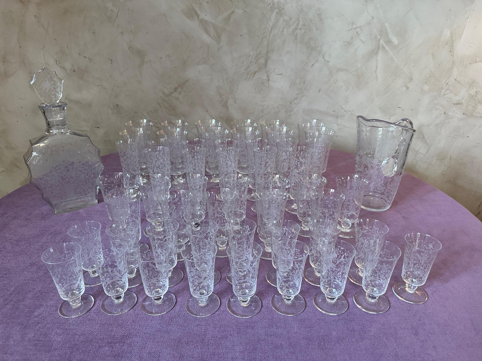 20th century French Set of Crystal Baccarat Glasses, Pitcher and Decanter For Sale 6