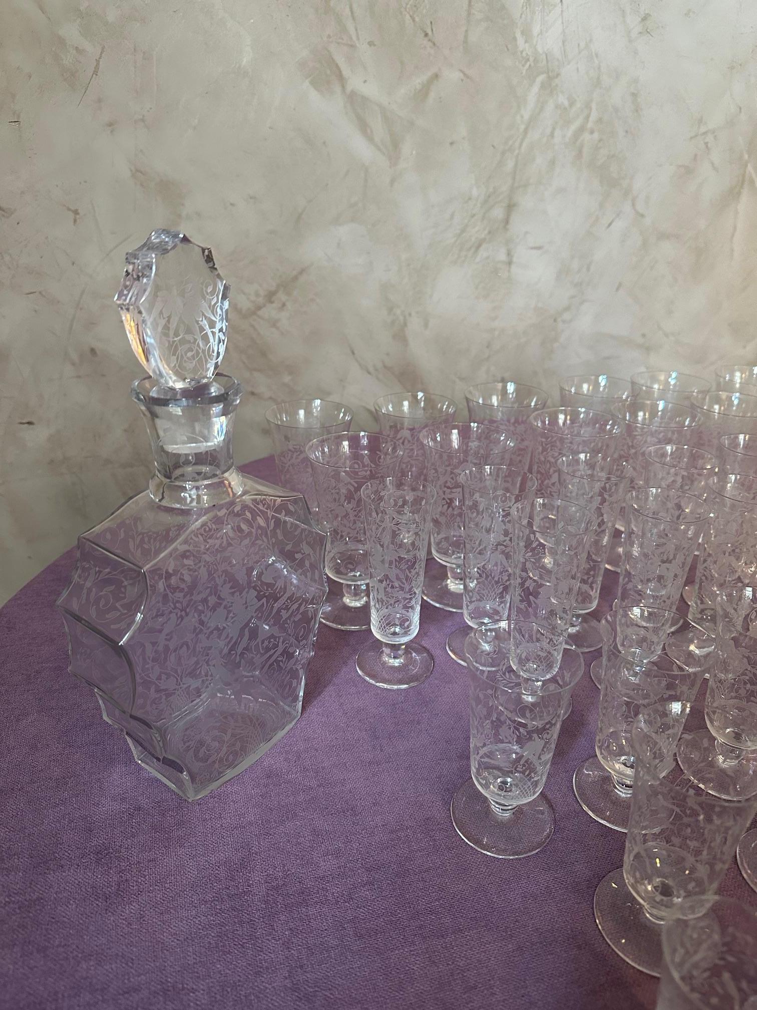 20th century French Set of Crystal Baccarat Glasses, Pitcher and Decanter For Sale 9