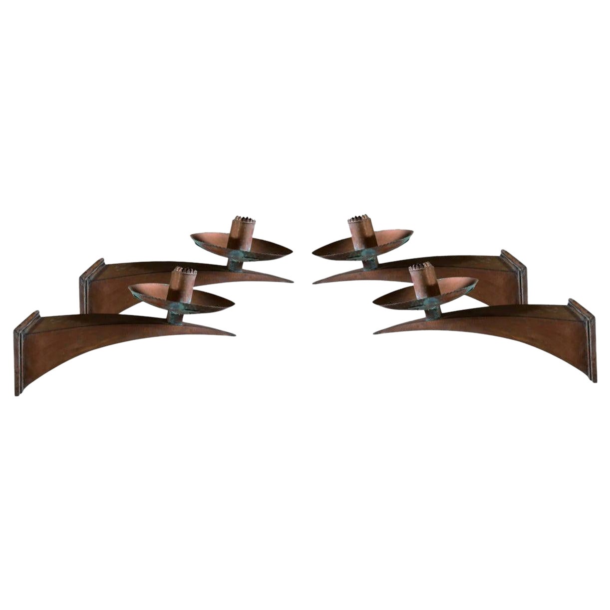 Siglo XX Francés, Conjunto de Cuatro Apliques de Pared de Cobre Art Decó, Lámparas de Metal