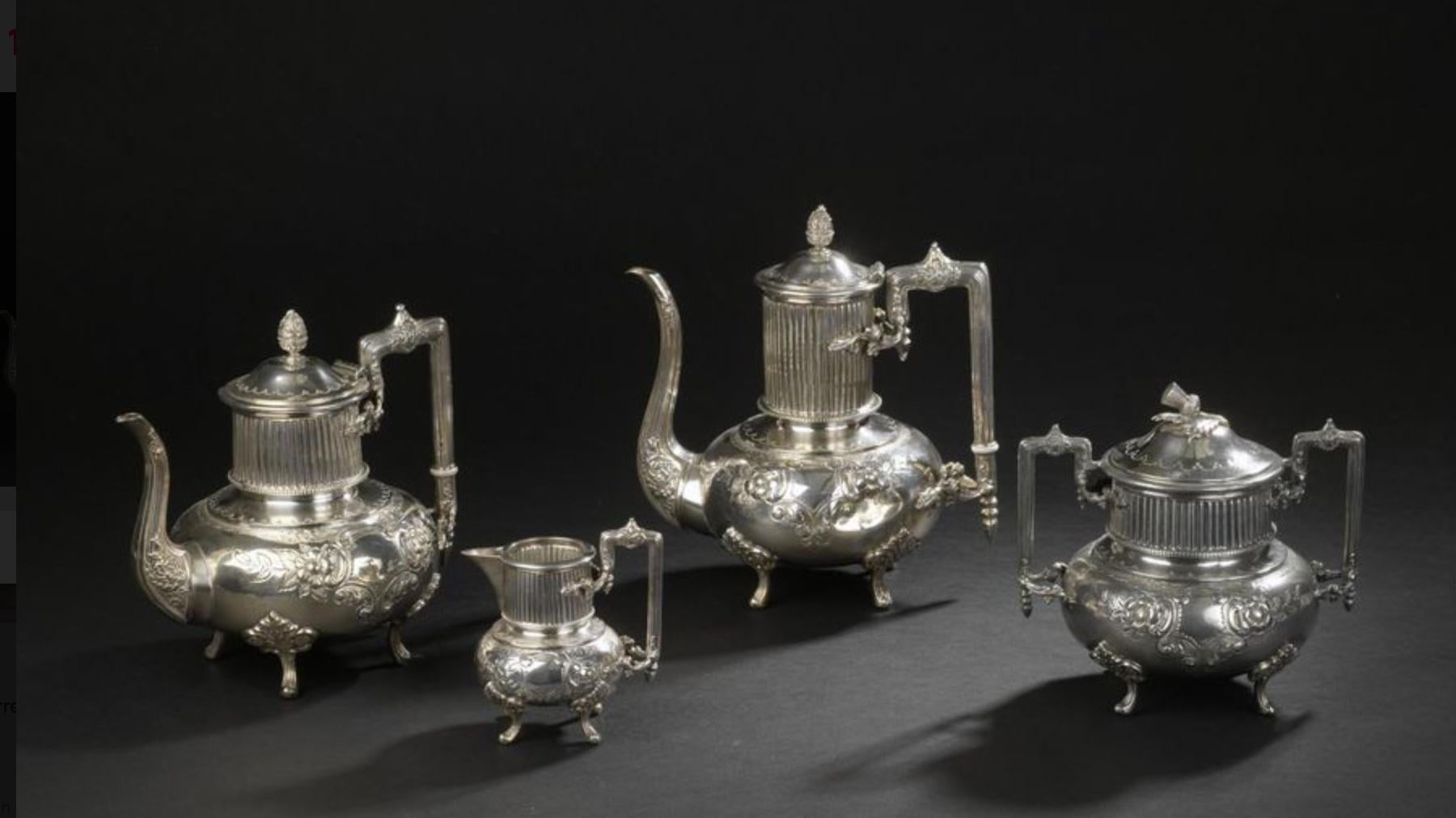 French set of four silver pated very well decorated coffee pots in different shape and size.
Maison Armand Frenais,
circa 1910.
 