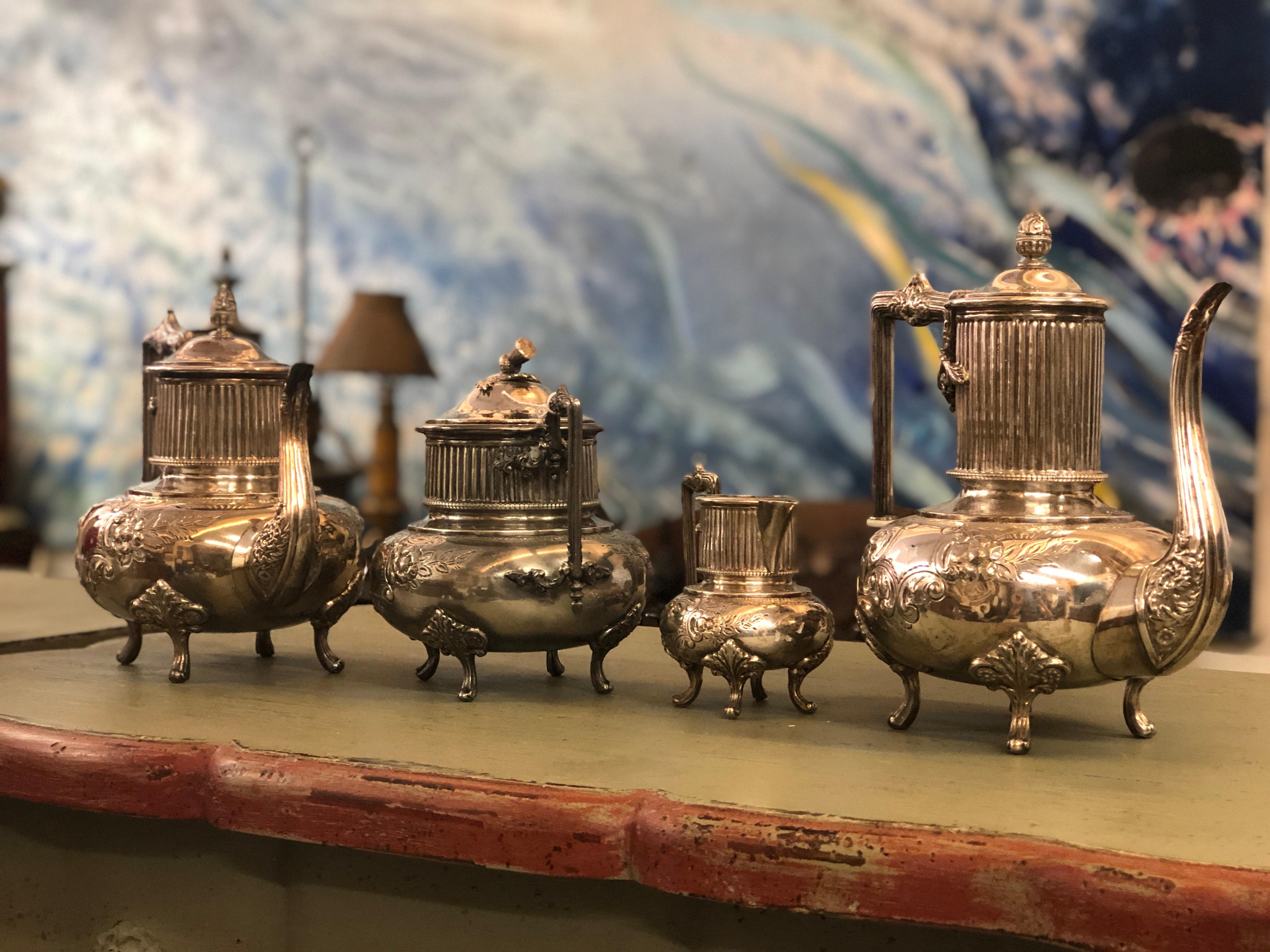 Silvered 20th Century French Set of Silver Plated Decorated Coffee Pots by Armand Frenais