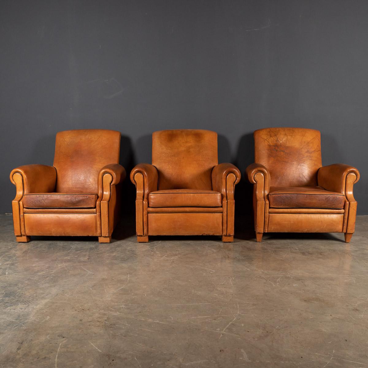 20th Century French Set Of Three Tan Leather Club Chairs, 1930s In Good Condition In Royal Tunbridge Wells, Kent