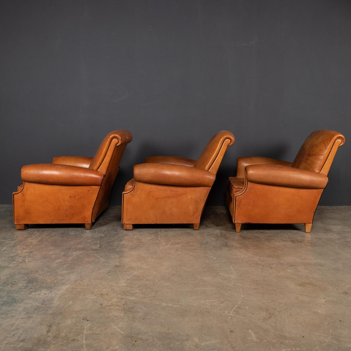 Sheepskin 20th Century French Set Of Three Tan Leather Club Chairs, 1930s