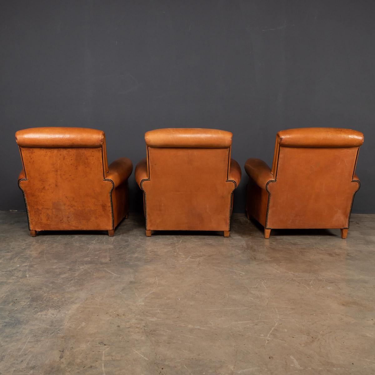 20th Century French Set Of Three Tan Leather Club Chairs, 1930s 1