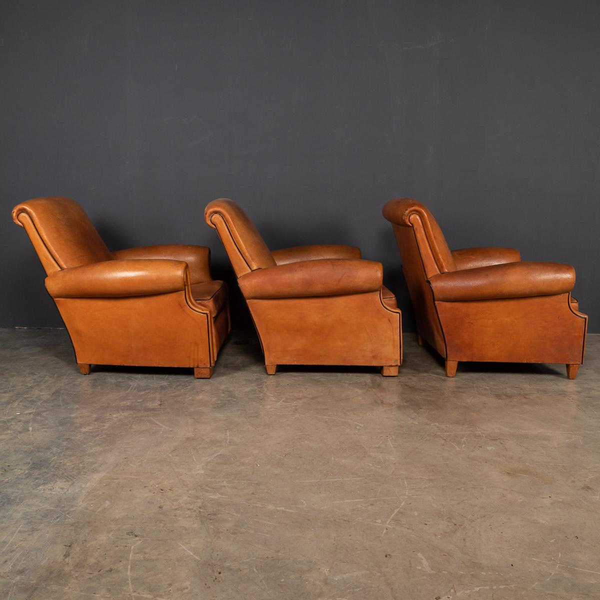 20th Century French Set Of Three Tan Leather Club Chairs, 1930s 2