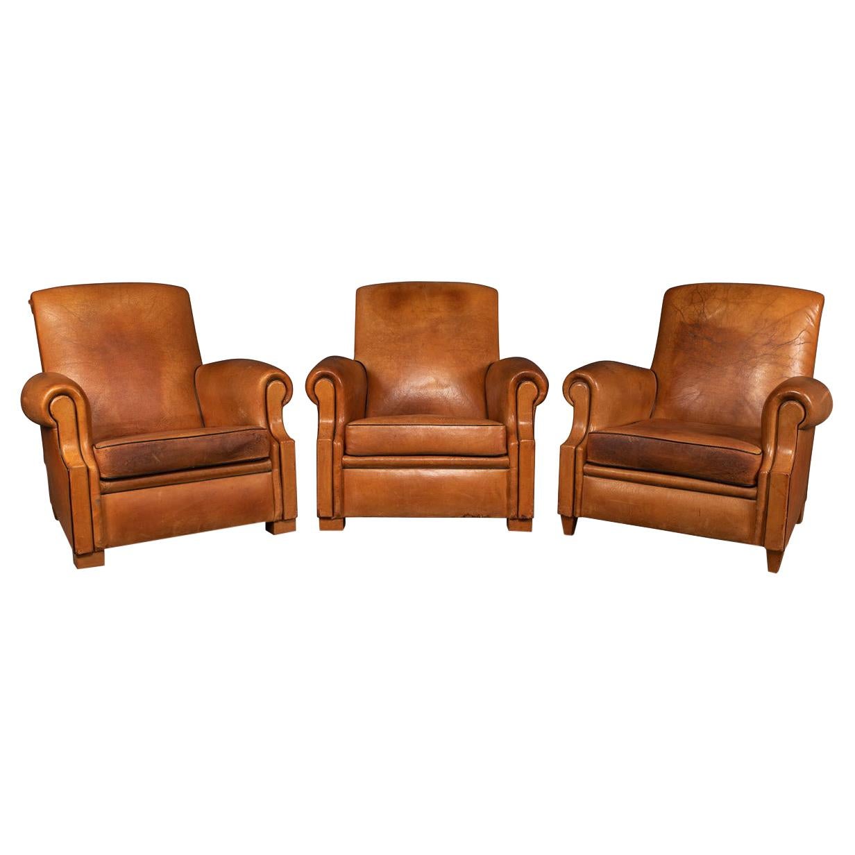 20th Century French Set Of Three Tan Leather Club Chairs, 1930s