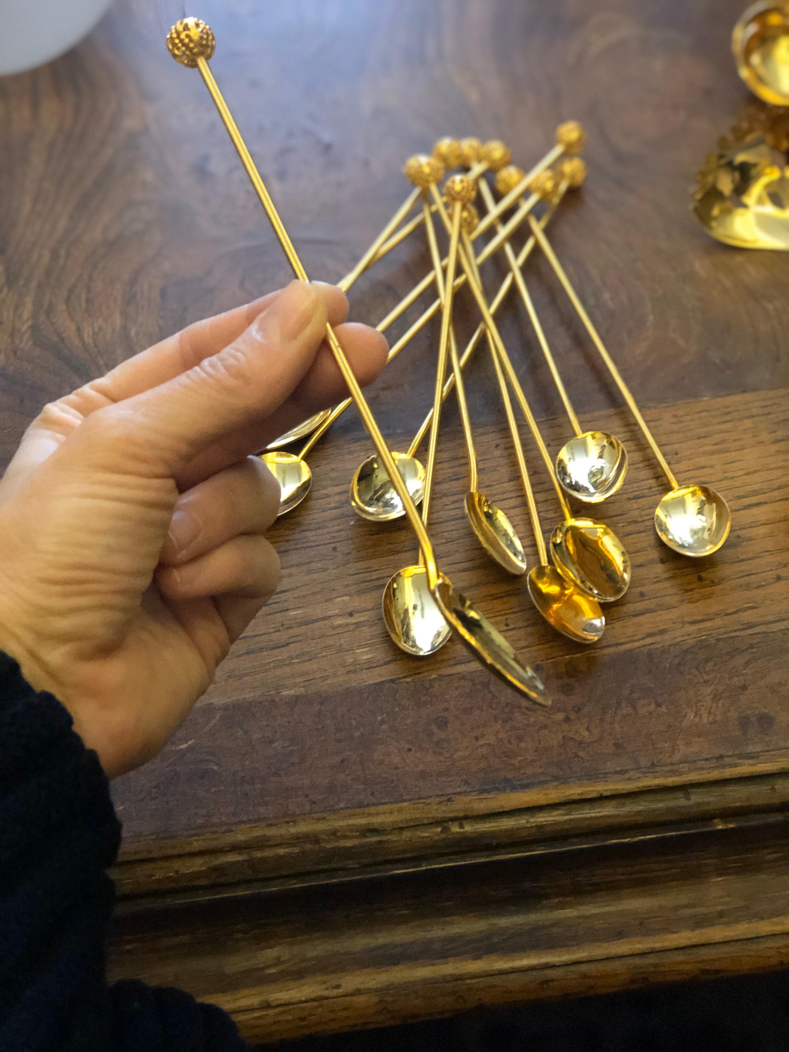 Twelve long ice-cream spoons with nice small balls on the top.
Perfect condition.
France, circa 1970.