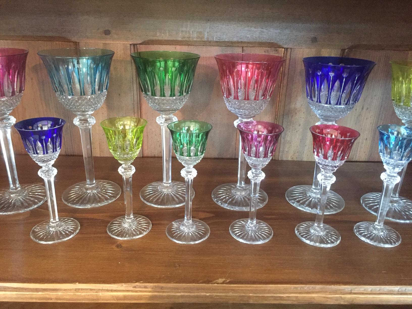 Beautiful 20th century French set of multicolor crystal Saint louis Glasses from the 1940s. One set of 6 wine glasses, Model 