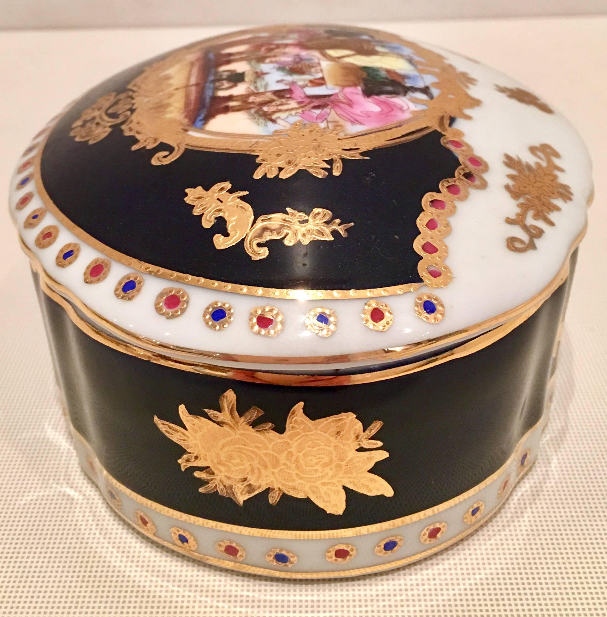 Hand-Painted 20th Century French Sevres Limoges Style Cobalt & Gold Tray & Box Set of Three