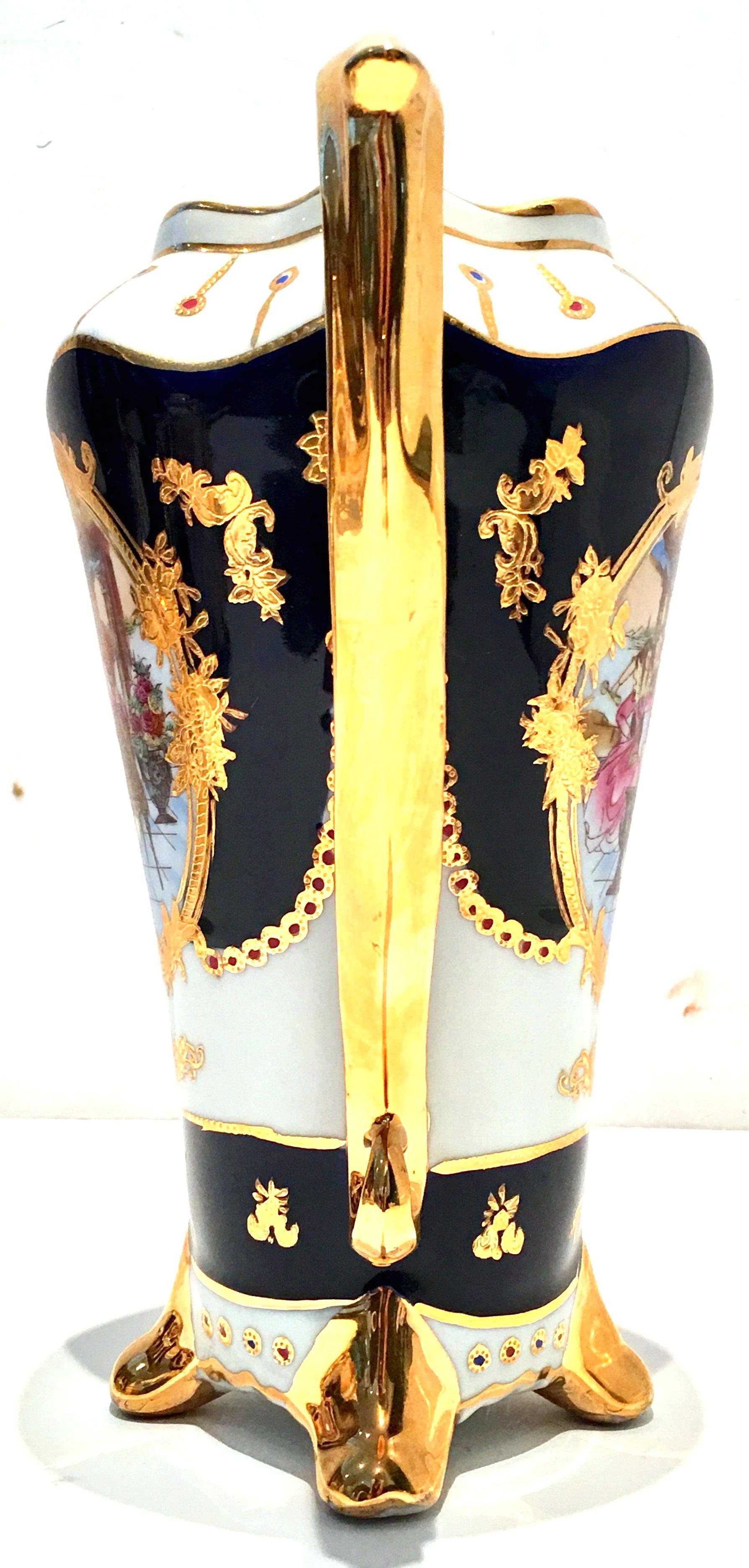 Hand-Painted 20th Century French Sevres Style Limoges Cobalt & 22K Gold Footed Pitcher