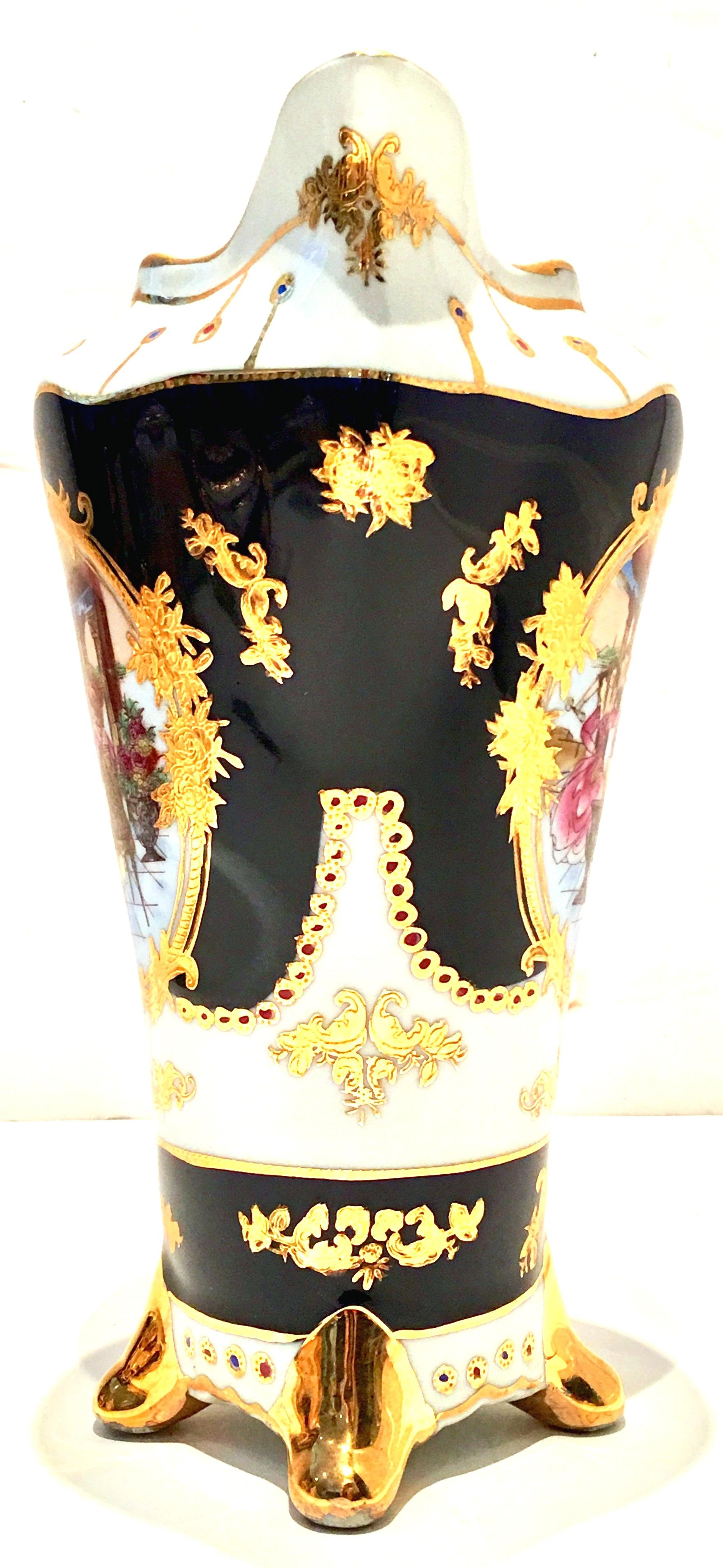 Chinese 20th Century French Sevres Style Limoges Cobalt & 22K Gold Footed Pitcher