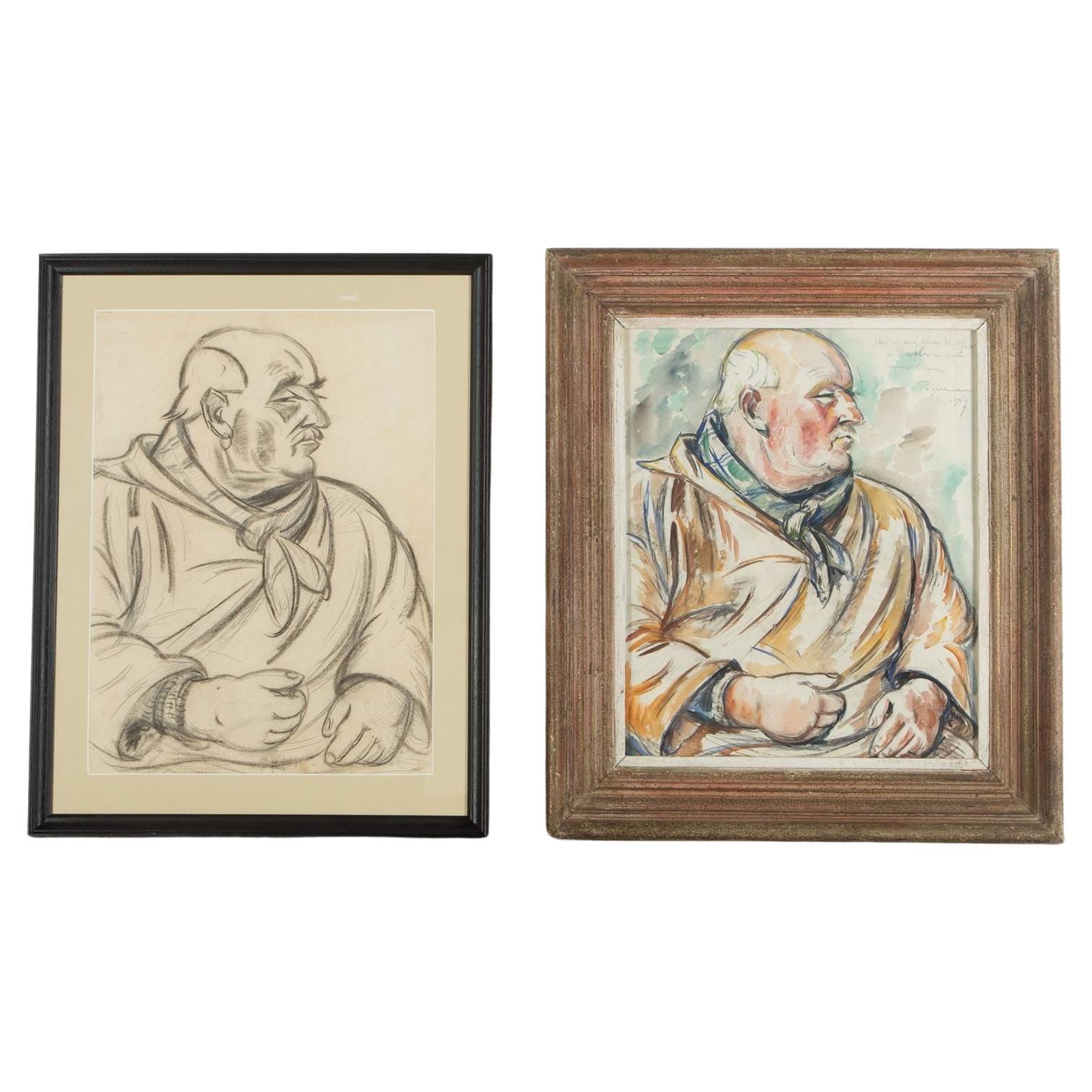 20th Century French Signed Watercolour and Charcoal Sketch by Paul Paquereau