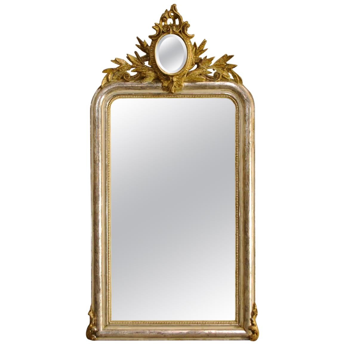 20th Century French Silver Leaf Gilt Mirror and Crest with Oval Mirror
