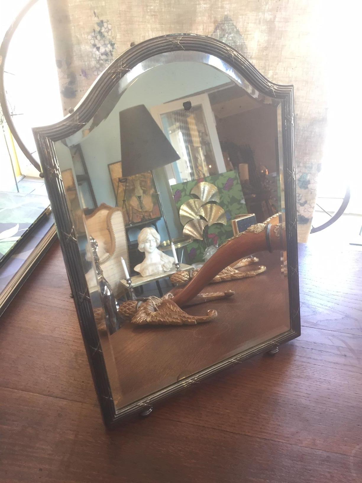 Very nice 20th century French silver plate table mirror from the 1900s, wooden back (maybe rosewood). At the back there is a rope to hold the mirror.
Very nice quality. Beveled glass. Some mercury traces.