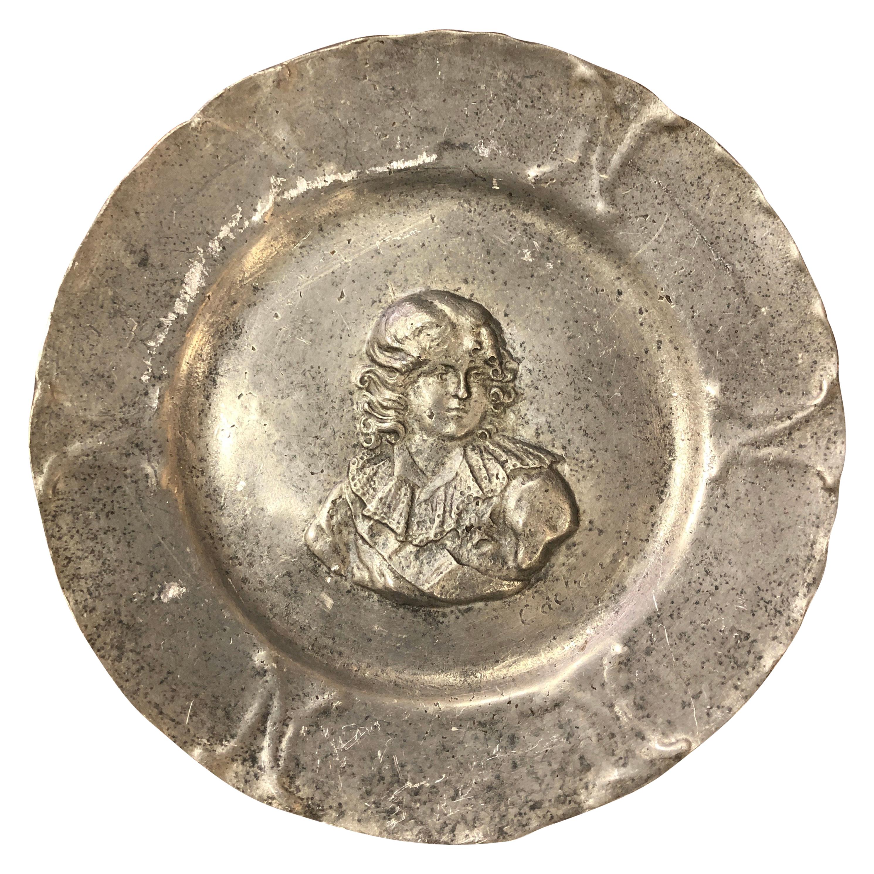 20th Century French Silver Plate with Large Portrait in the Centre Marked Etain For Sale