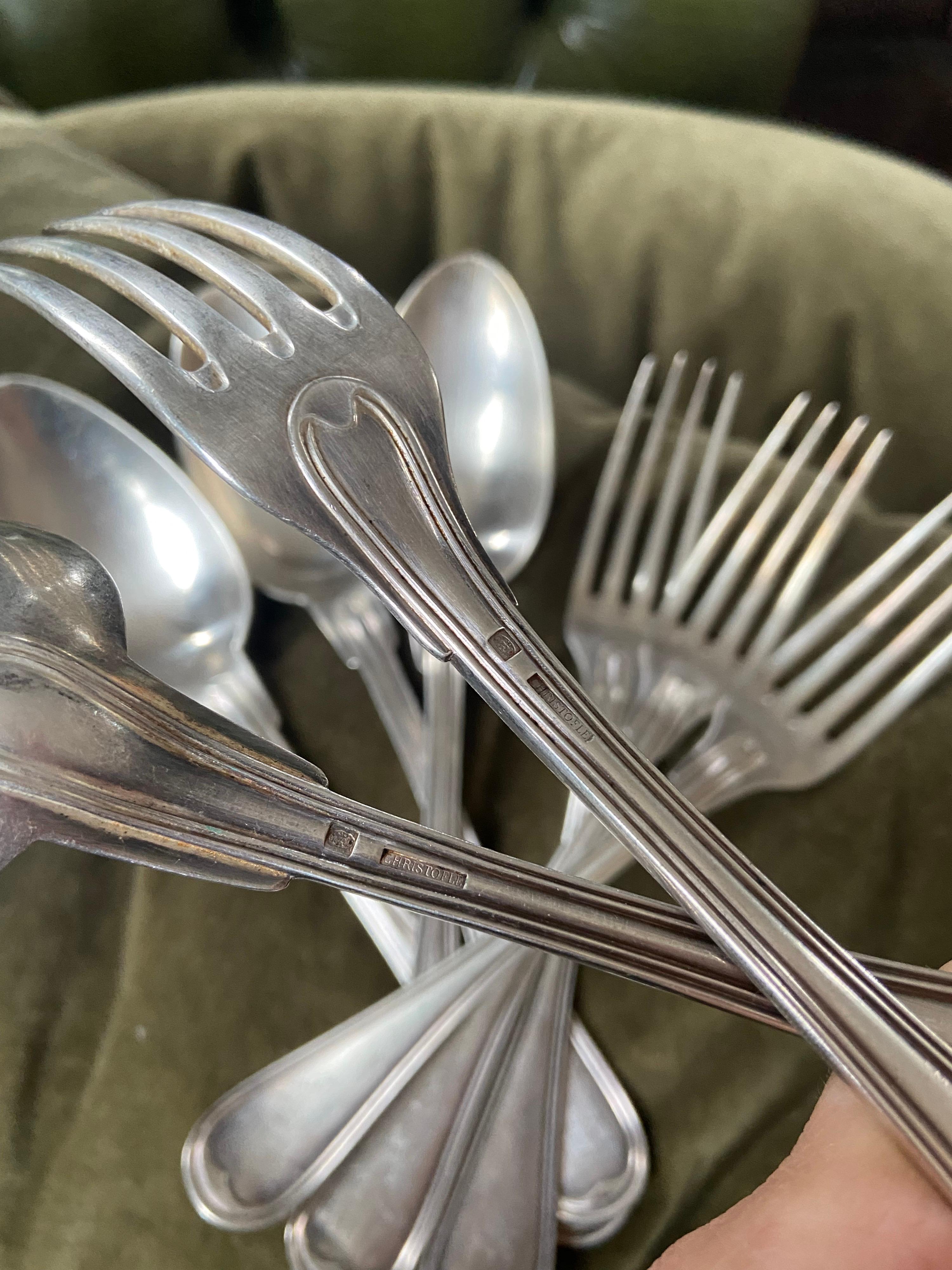 Large dining set of forks and spoons for six person silver plated by Christofle.
France, circa 1930.