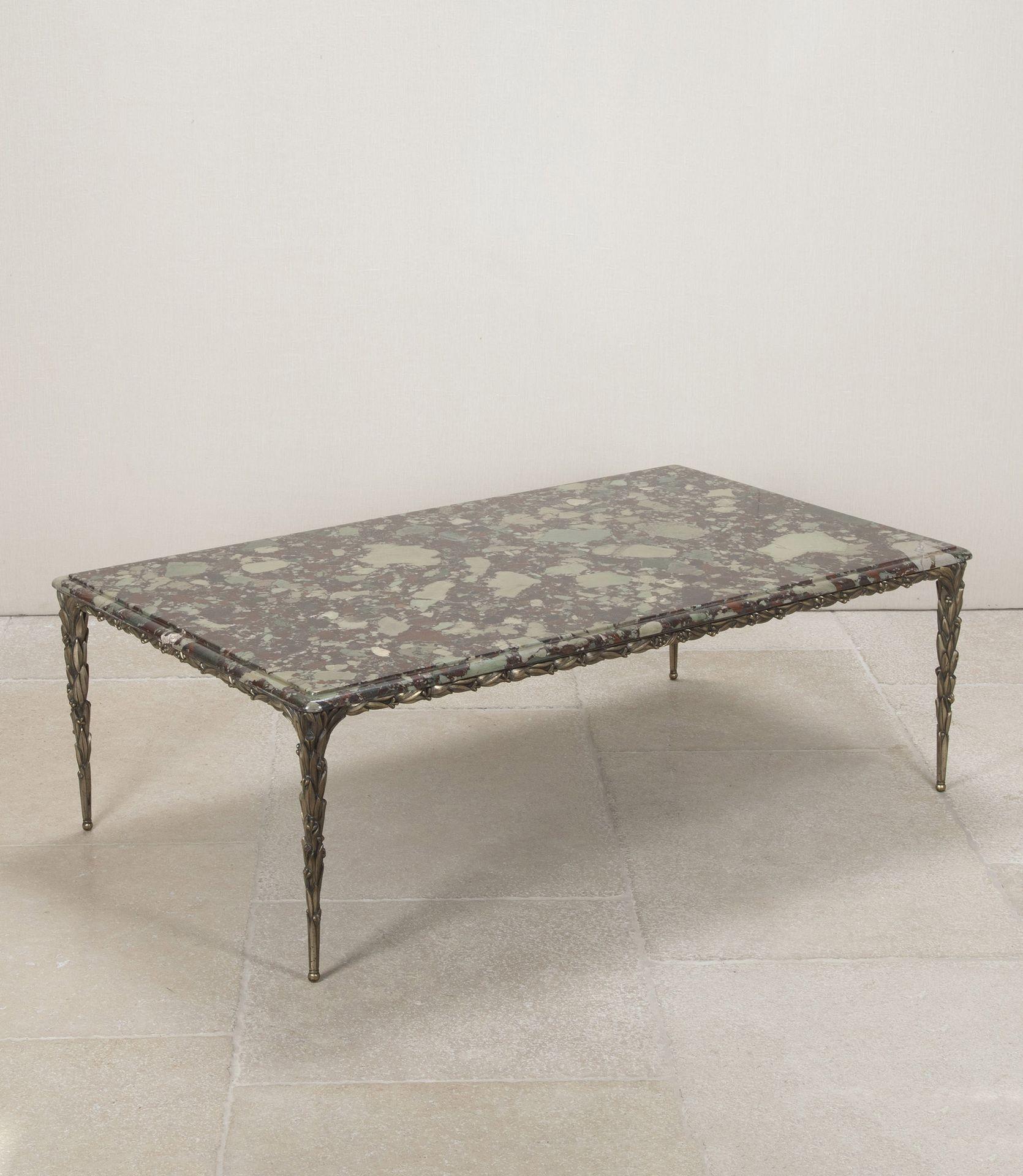 A fine quality 20th Century French silvered bronze table by Maison Bagues. 
The bronze frame modelled as foliage with berries. Marble top in unusual green and red Breccia Pernice marble.
Circa 1940. Restoration to one corner of the marble.