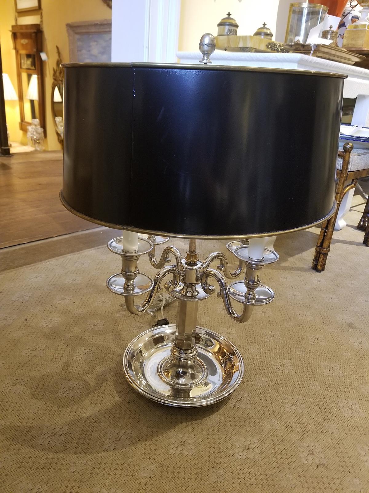 20th Century French Silvered Four-Arm Bouillotte Lamp with Tole Shade 11