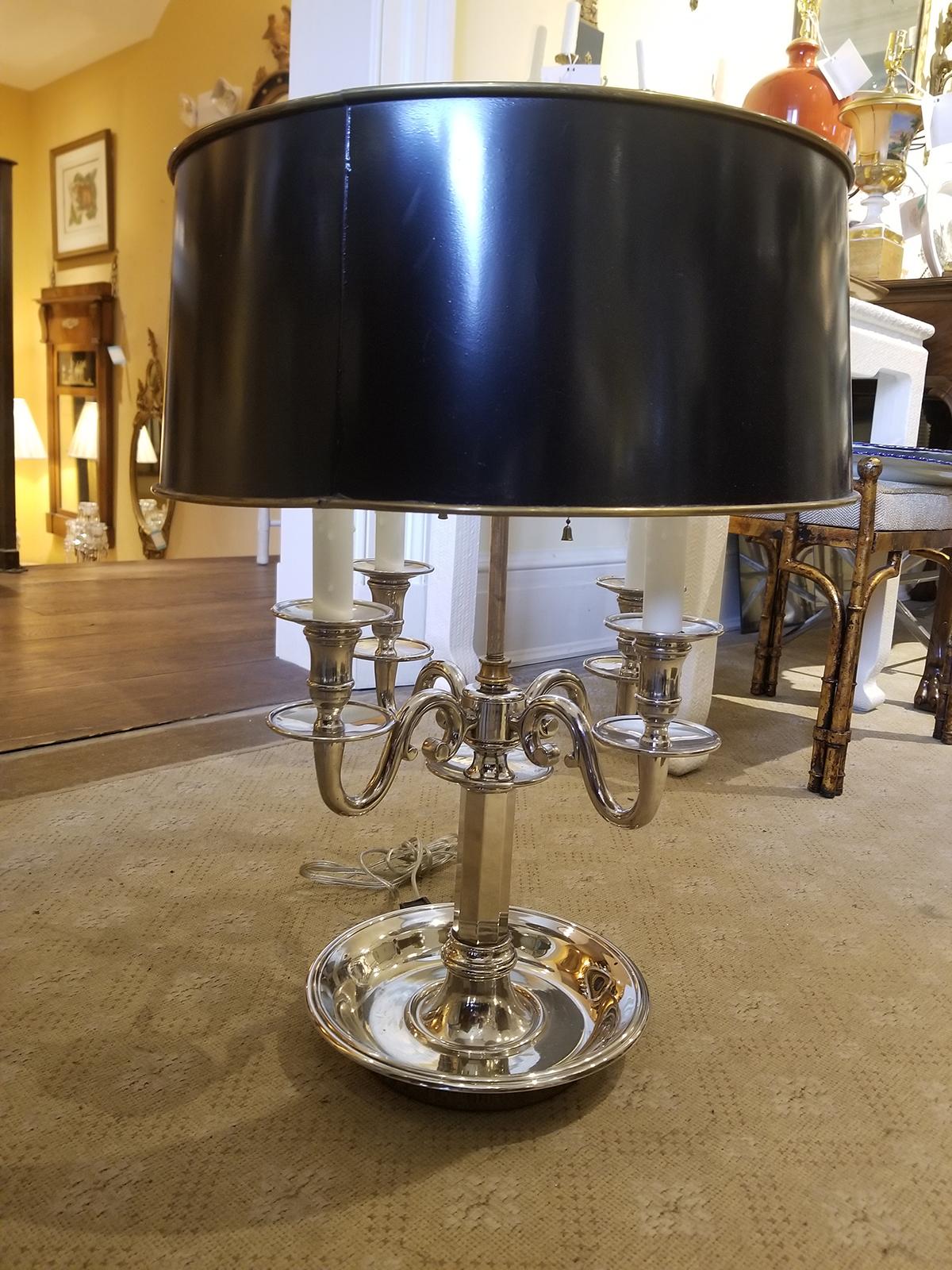 20th century French silvered four-arm Bouillotte lamp with tole shade
Large scale
New wiring.
