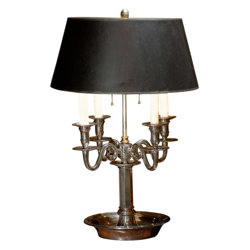 20th Century French Silvered Four-Arm Bouillotte Lamp with Tole Shade