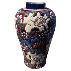 20th Century French Small Hand Made Ceramic Colourful Floral Longwy Stamped Vase
