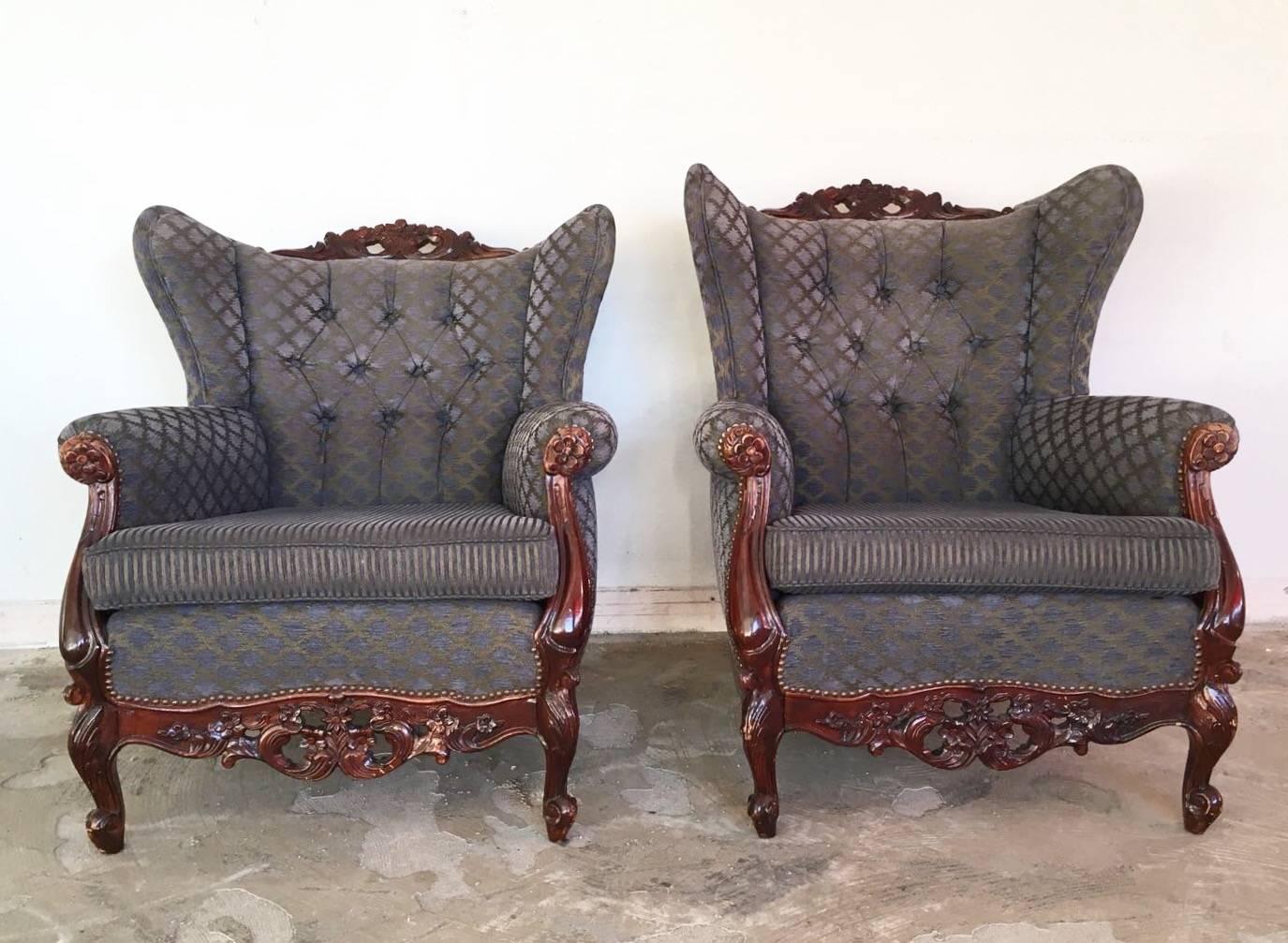 Metal 20th Century French Sofa Set, Rococo Baroque Style with Two Wingback Chairs For Sale