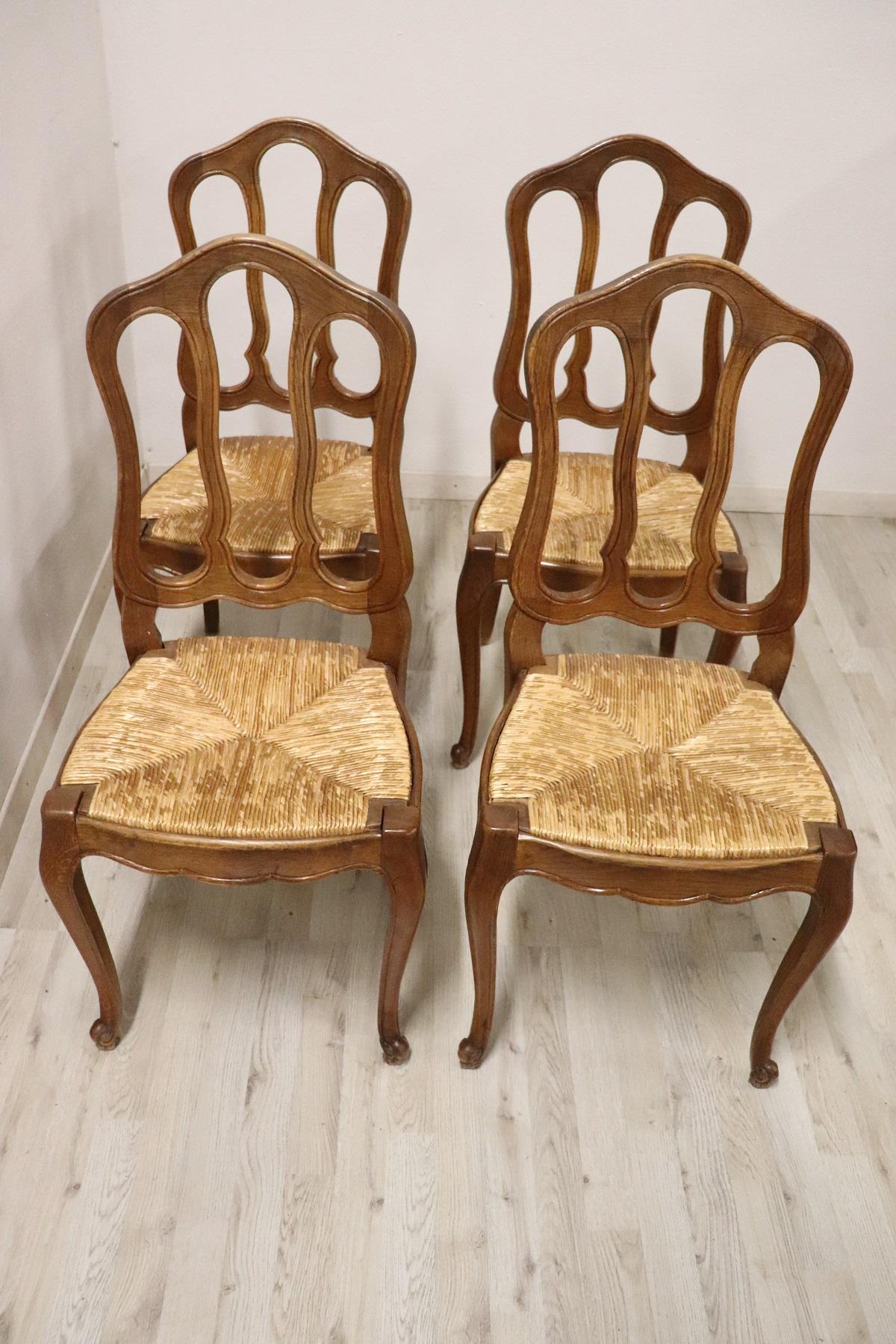 Louis XV 20th Century French Solid Chestnut Wood Set of Six Chairs with Straw Seat