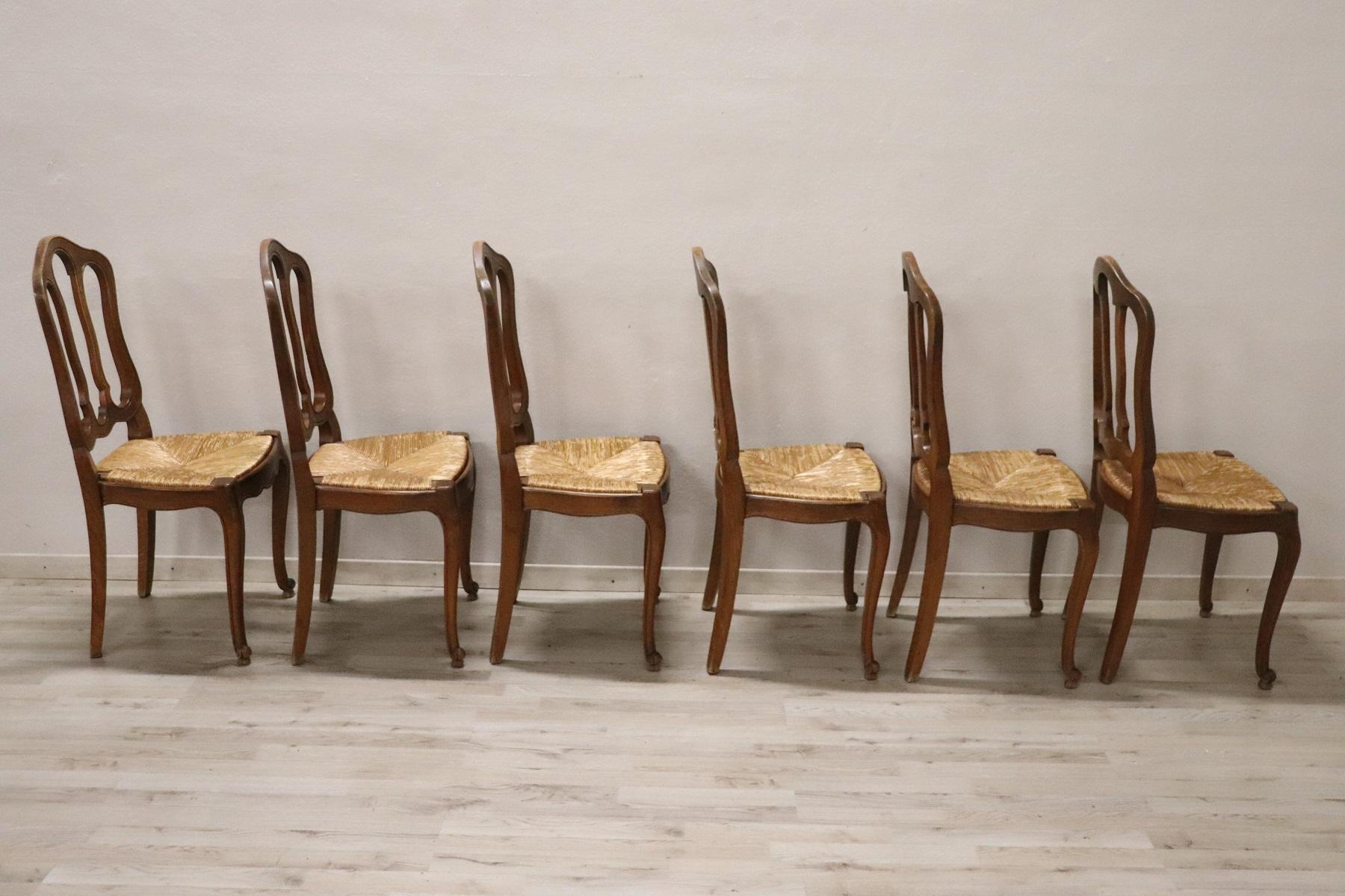 20th Century French Solid Chestnut Wood Set of Six Chairs with Straw Seat 2