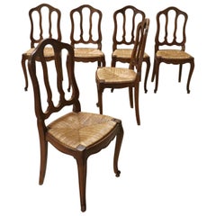 20th Century French Solid Chestnut Wood Set of Six Chairs with Straw Seat