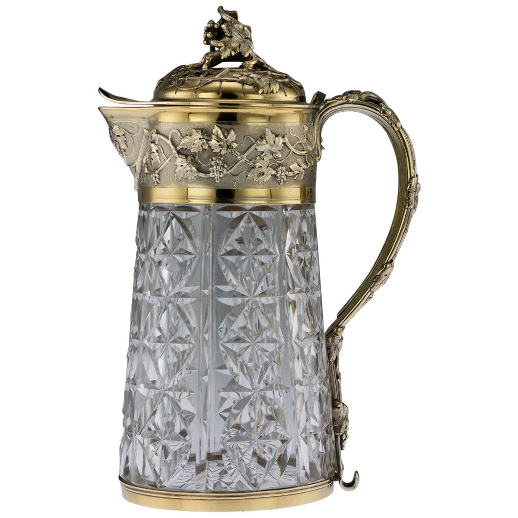 20th Century French Solid Silver-Gilt & Cut Glass Claret Jug, Odiot, circa 1910