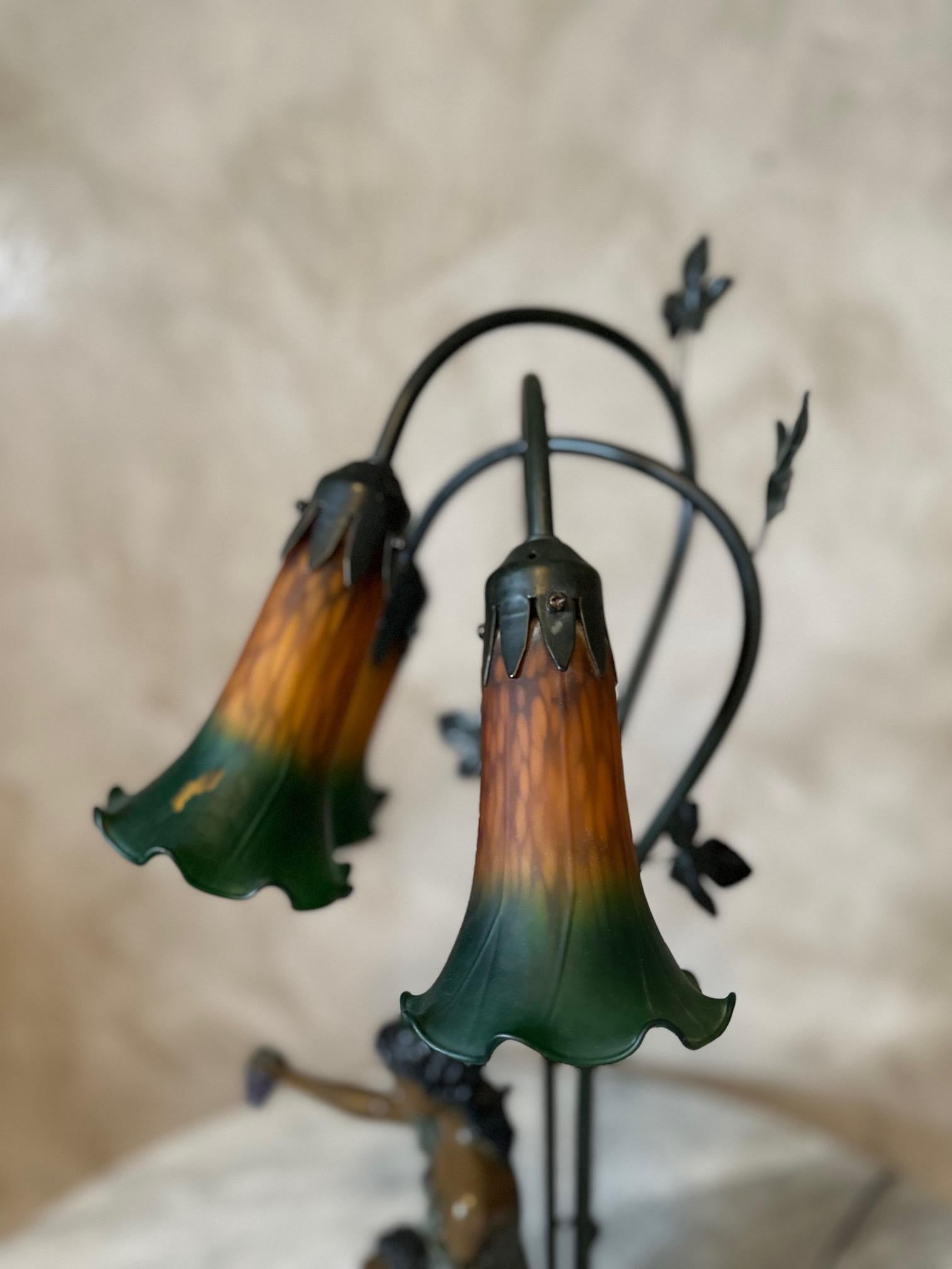 20th century French Spelter and Painted Glass Large Lamp 6