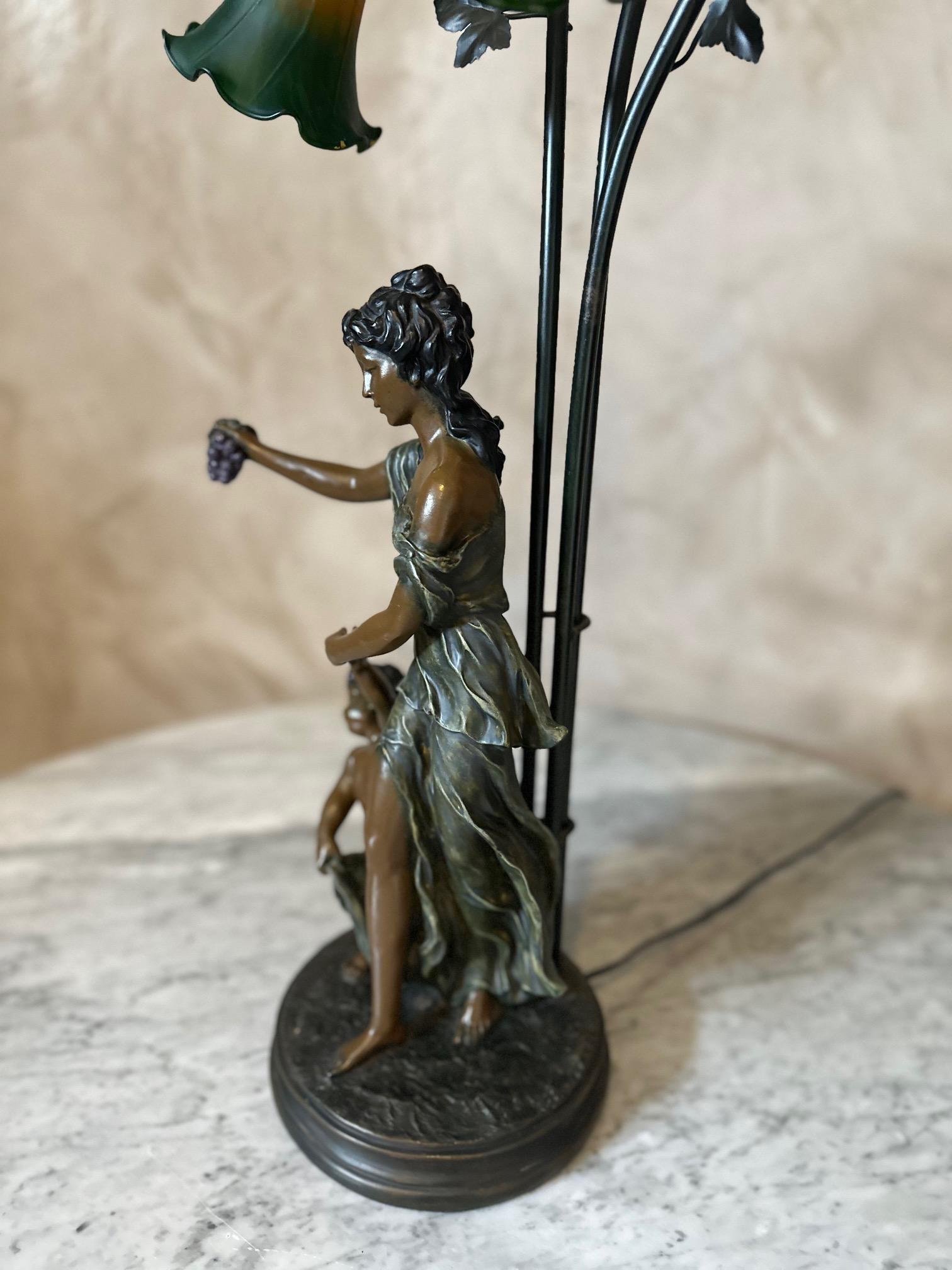 20th century French Spelter and Painted Glass Large Lamp 7
