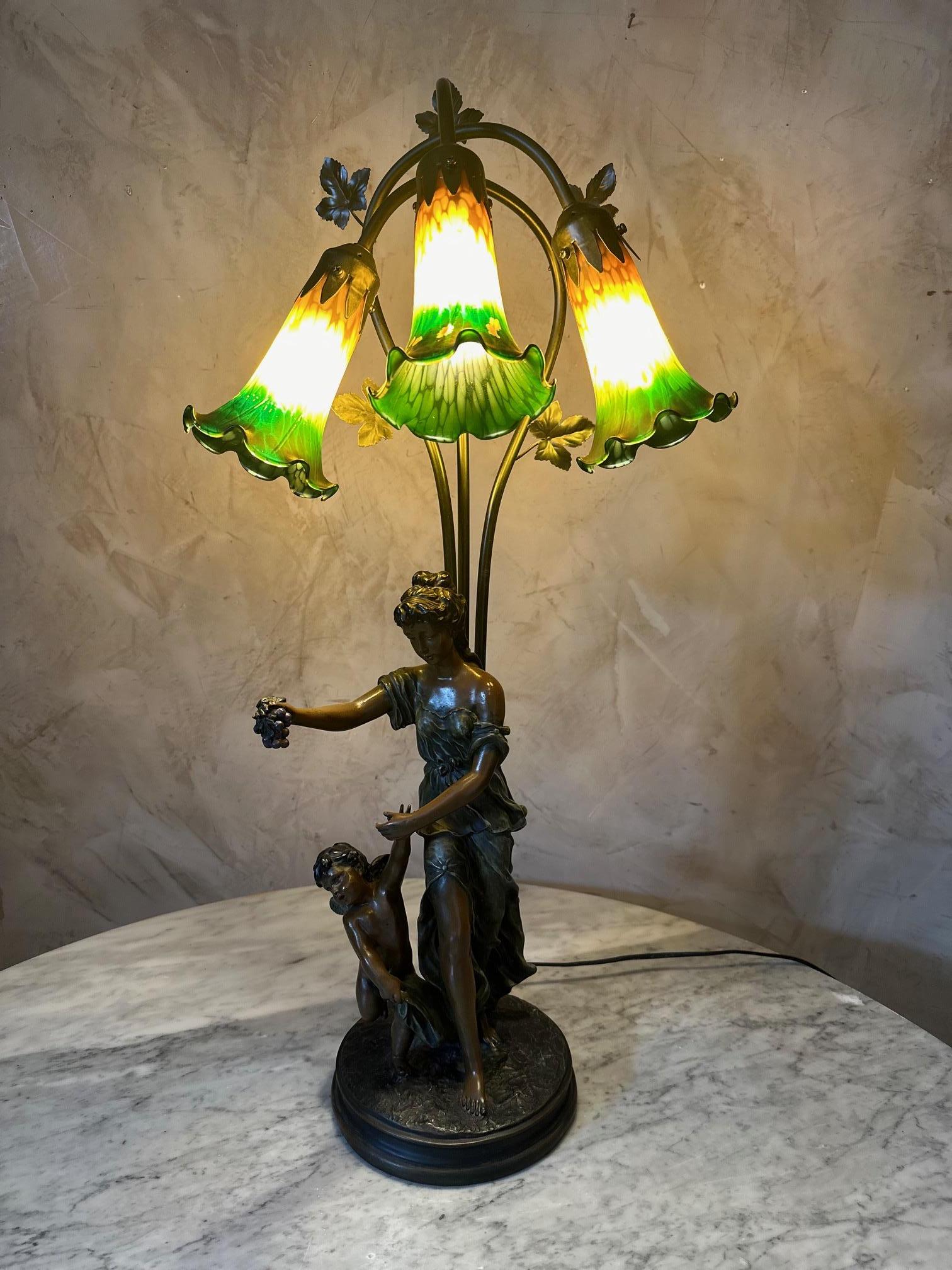 20th century French Spelter and Painted Glass Large Lamp 8