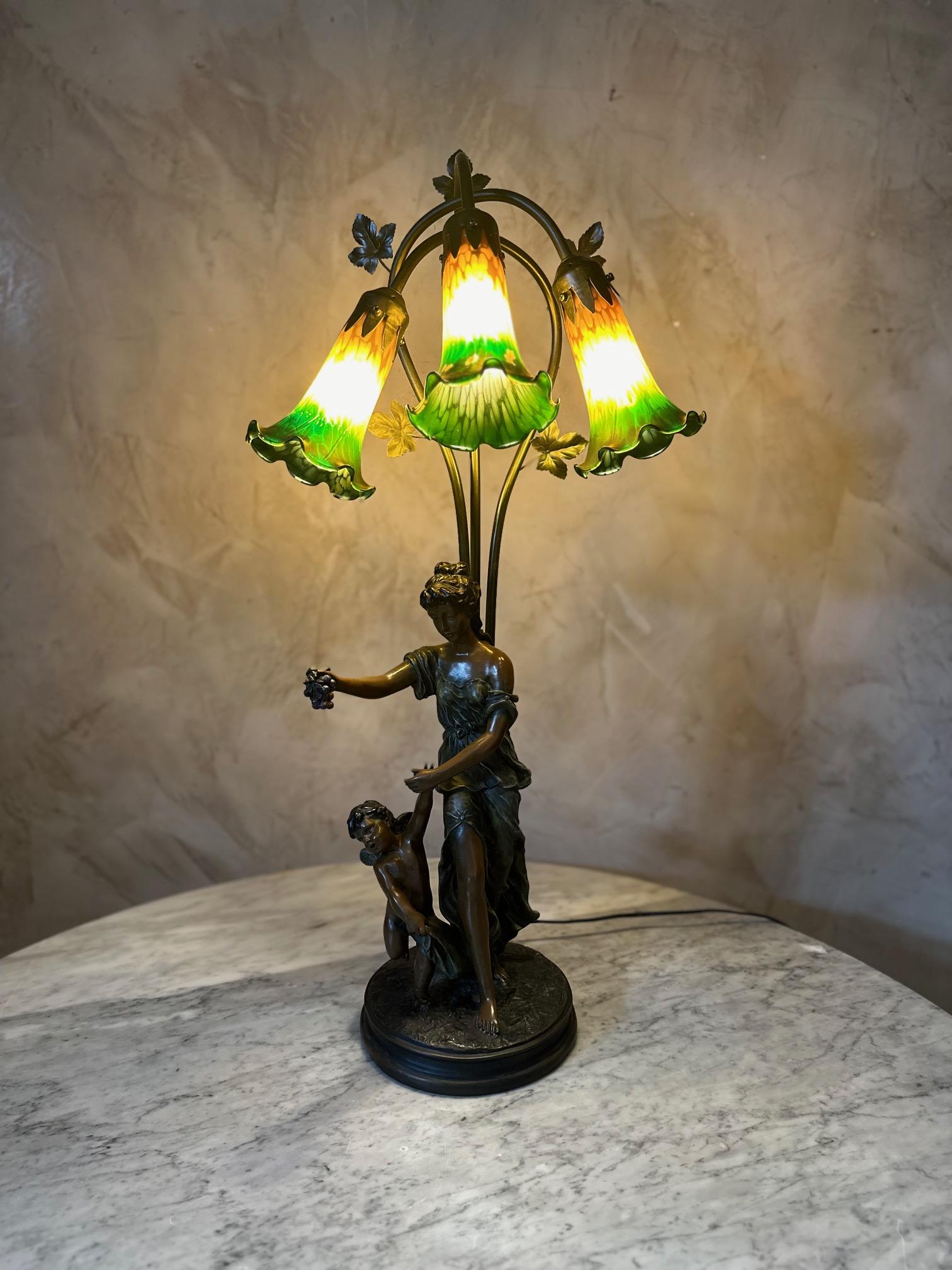 20th century French Spelter and Painted Glass Large Lamp 9