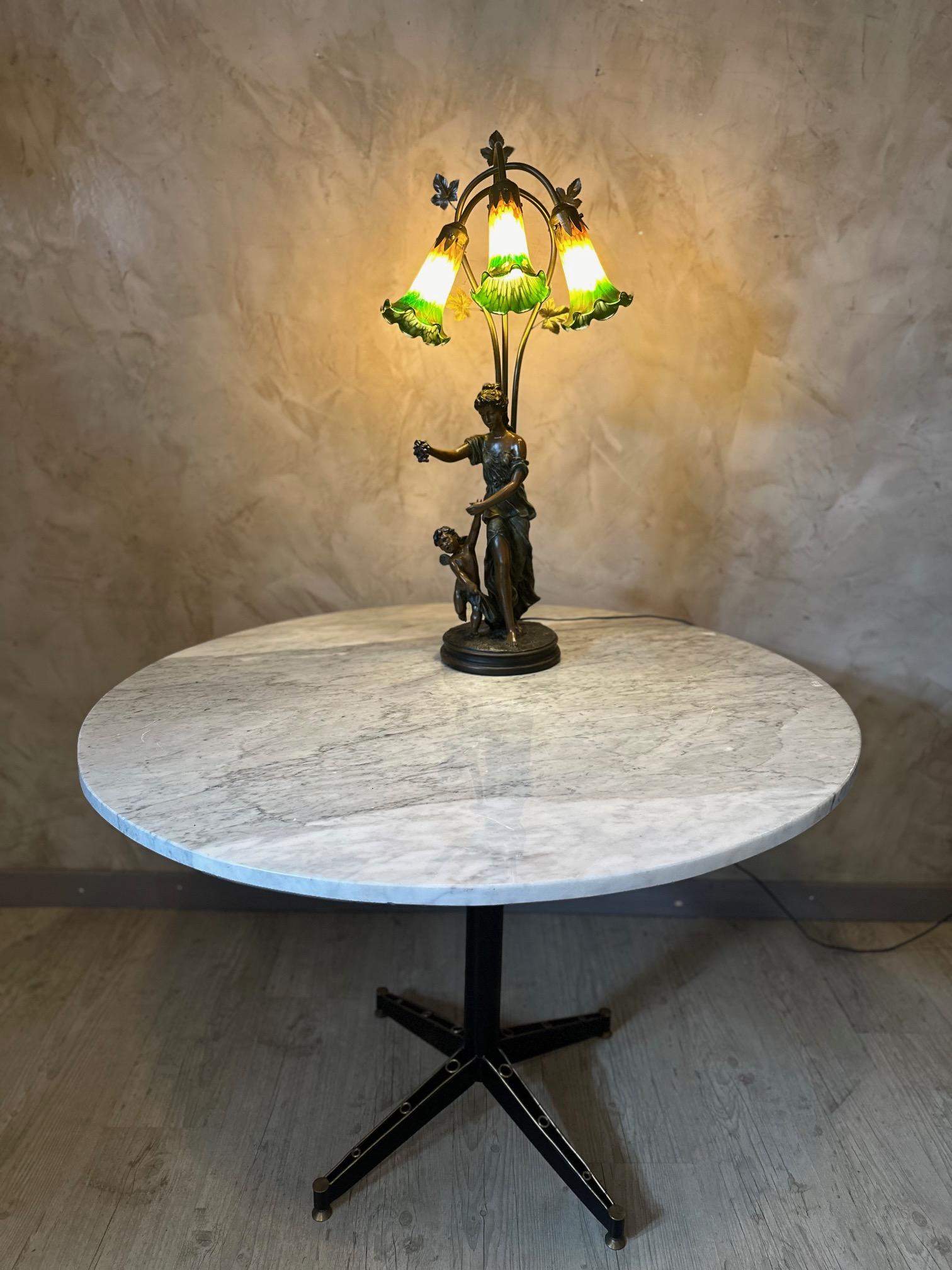 20th century French Spelter and Painted Glass Large Lamp 10
