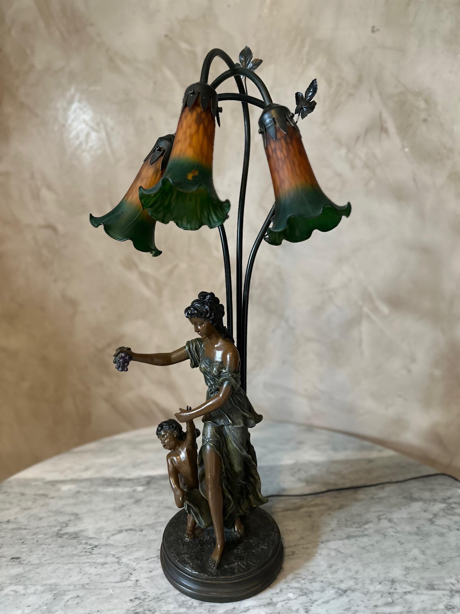 Late 20th Century 20th century French Spelter and Painted Glass Large Lamp
