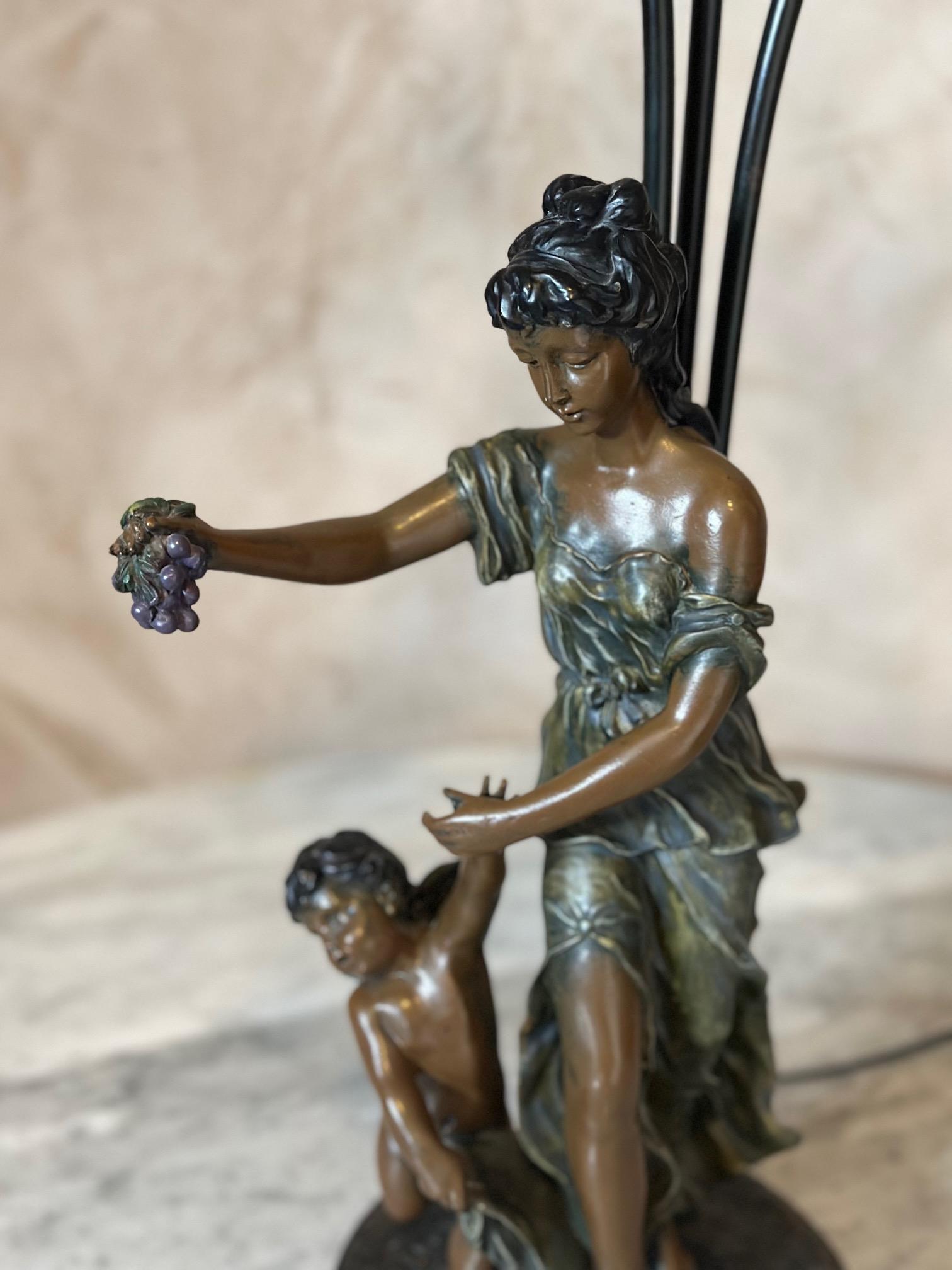 20th century French Spelter and Painted Glass Large Lamp 1